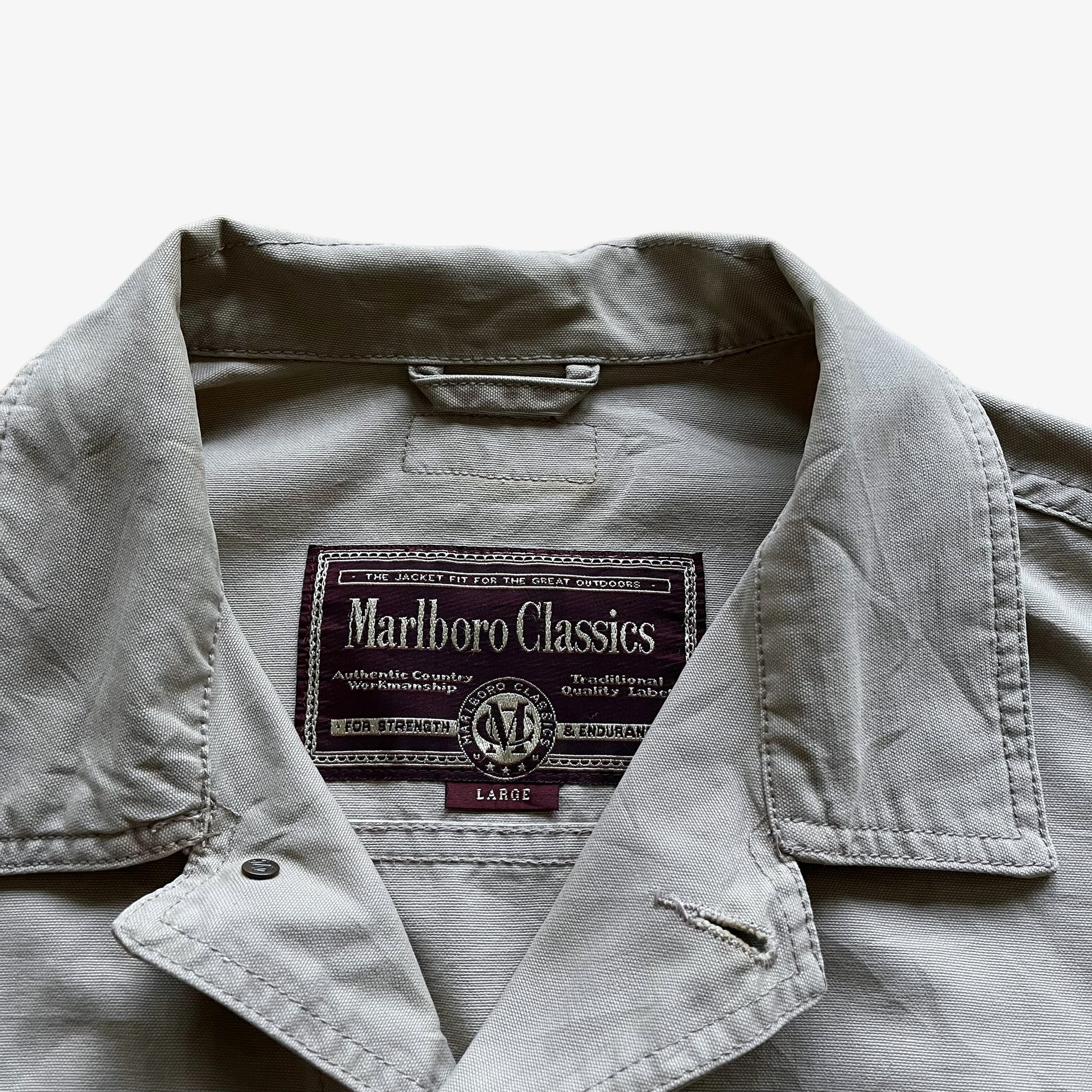 Vintage 90s Marlboro Classics Beige Trucker Jacket Label - Casspios Dream