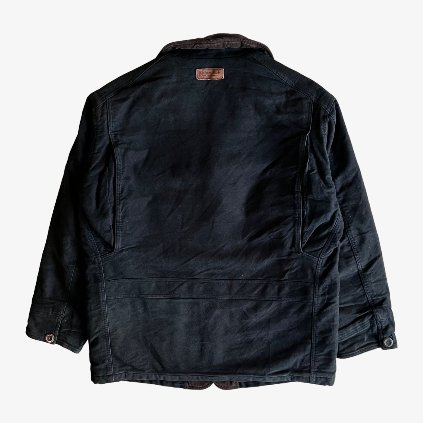 Vintage 90s Marlboro Classics Black Workwear Jacket With Brown Leather Collar Back - Casspios Dream