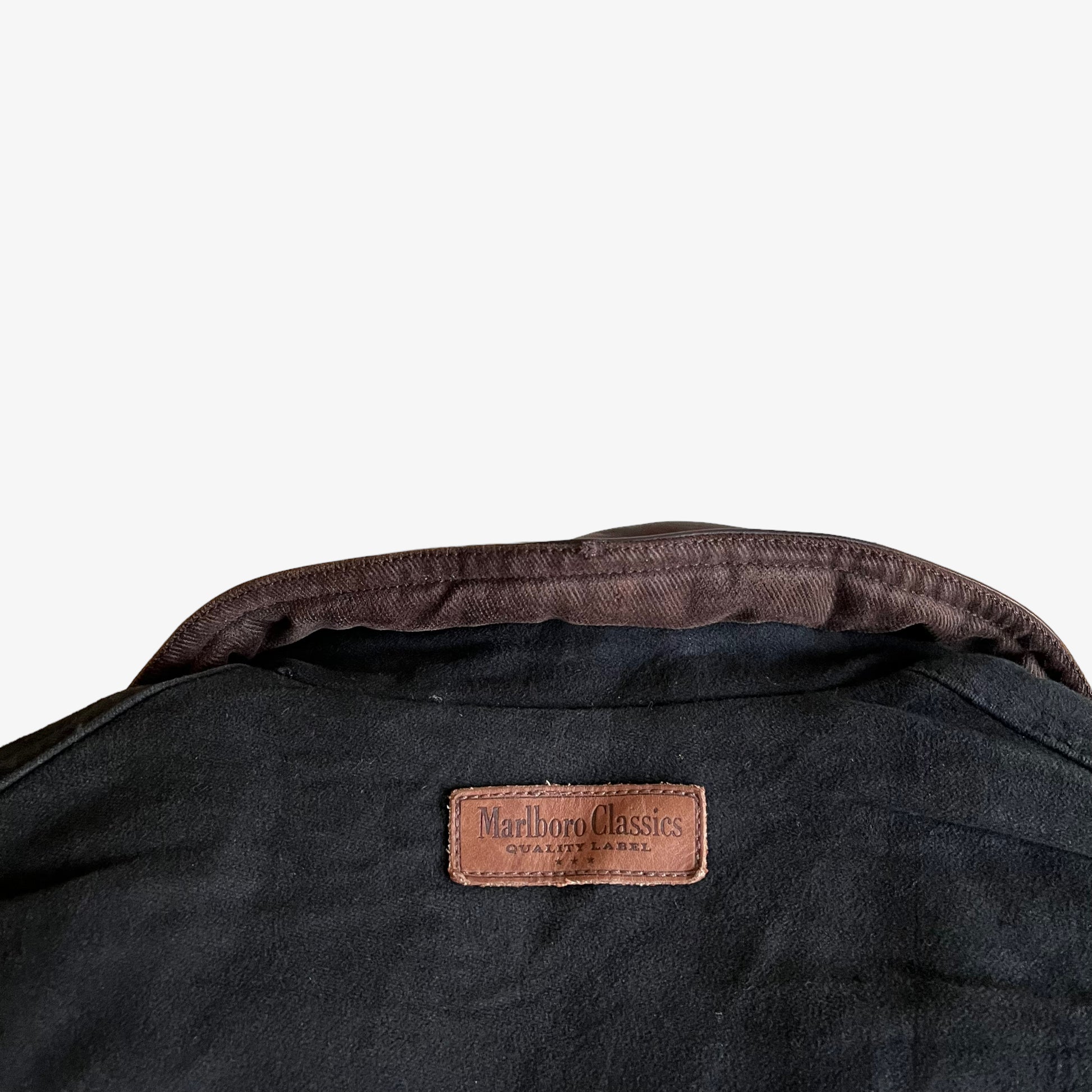 Vintage 90s Marlboro Classics Black Workwear Jacket With Brown Leather Collar Logo - Casspios Dream