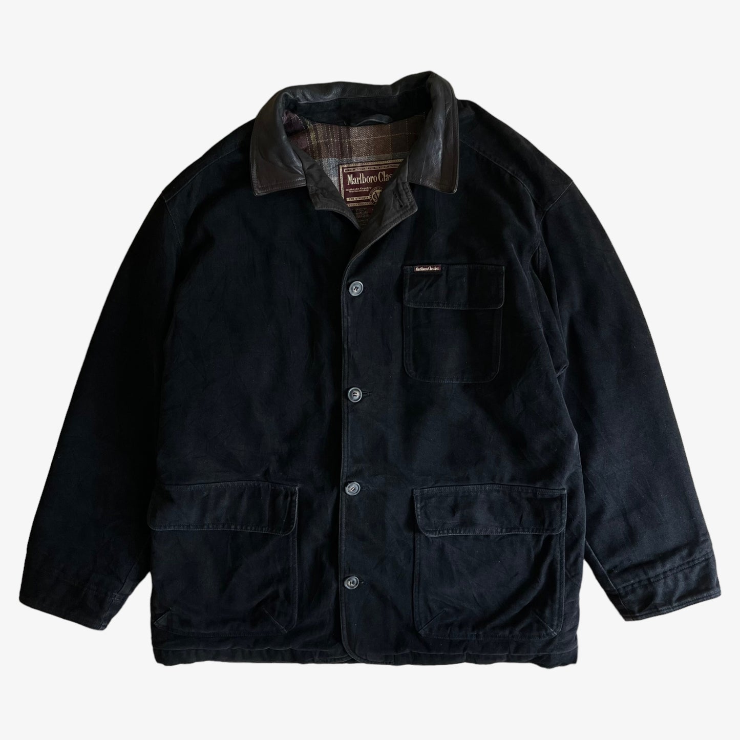 Vintage 90s Marlboro Classics Black Workwear Jacket With Leather Collar - Casspios Dream