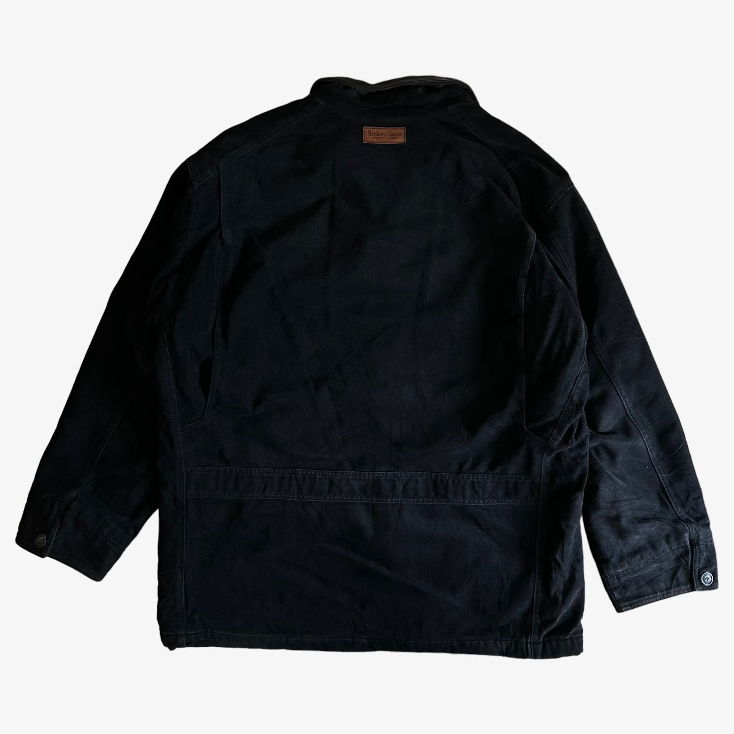 Vintage 90s Marlboro Classics Black Workwear Jacket With Leather Collar Back - Casspios Dream