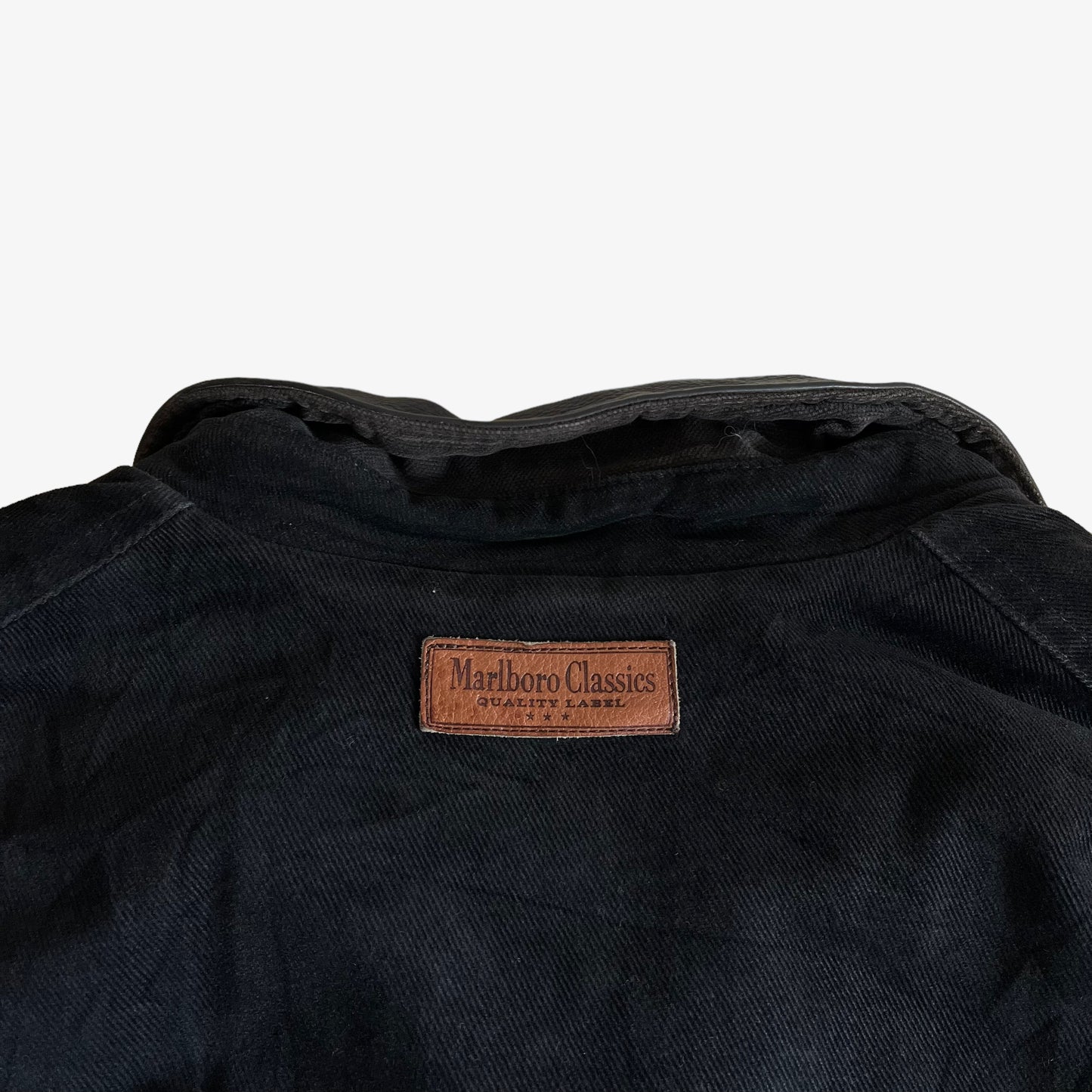 Vintage 90s Marlboro Classics Black Workwear Jacket With Leather Collar Back Tag - Casspios Dream