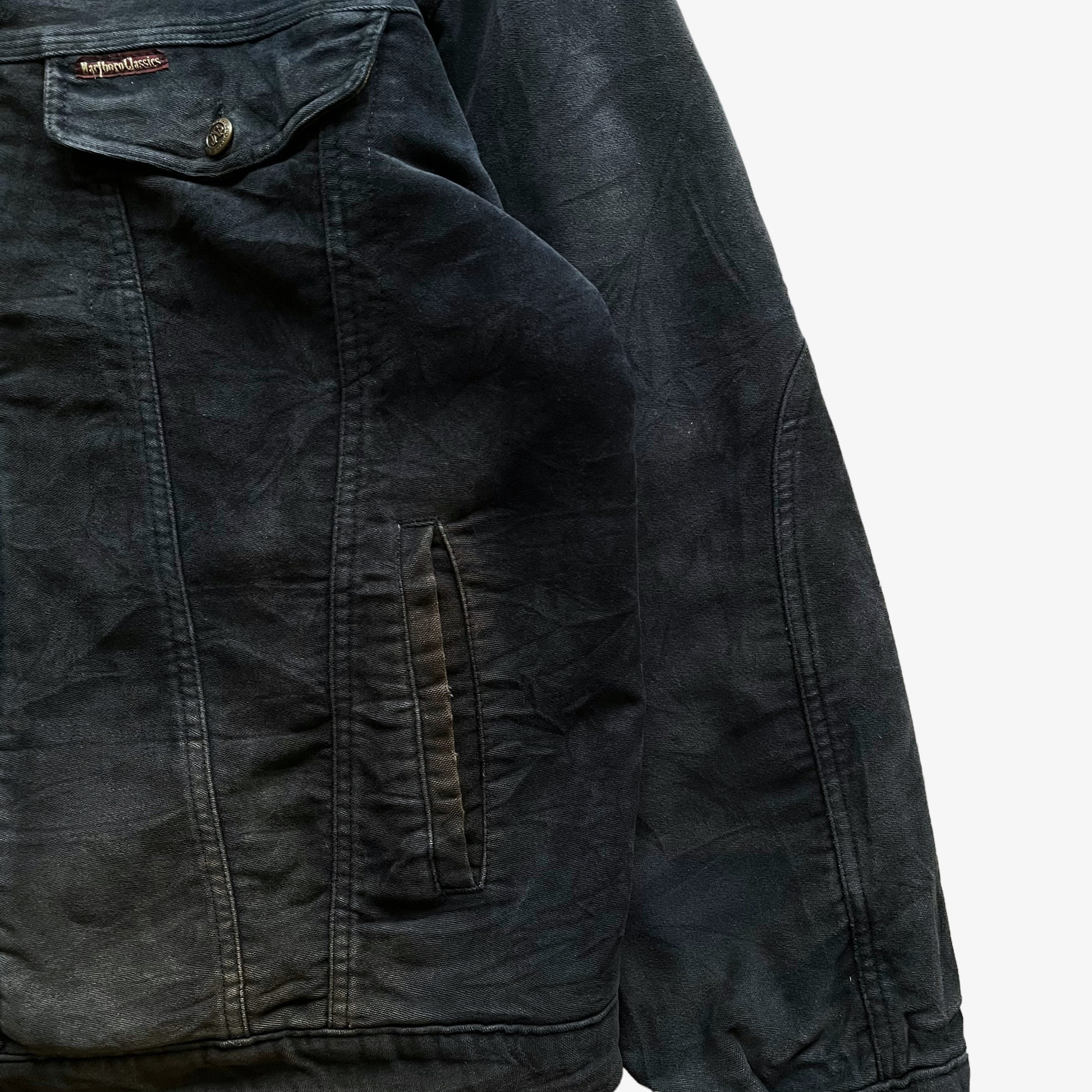 Vintage 90s Marlboro Classics Black Workwear Jacket With Leather Collar Faded - Casspios Dream