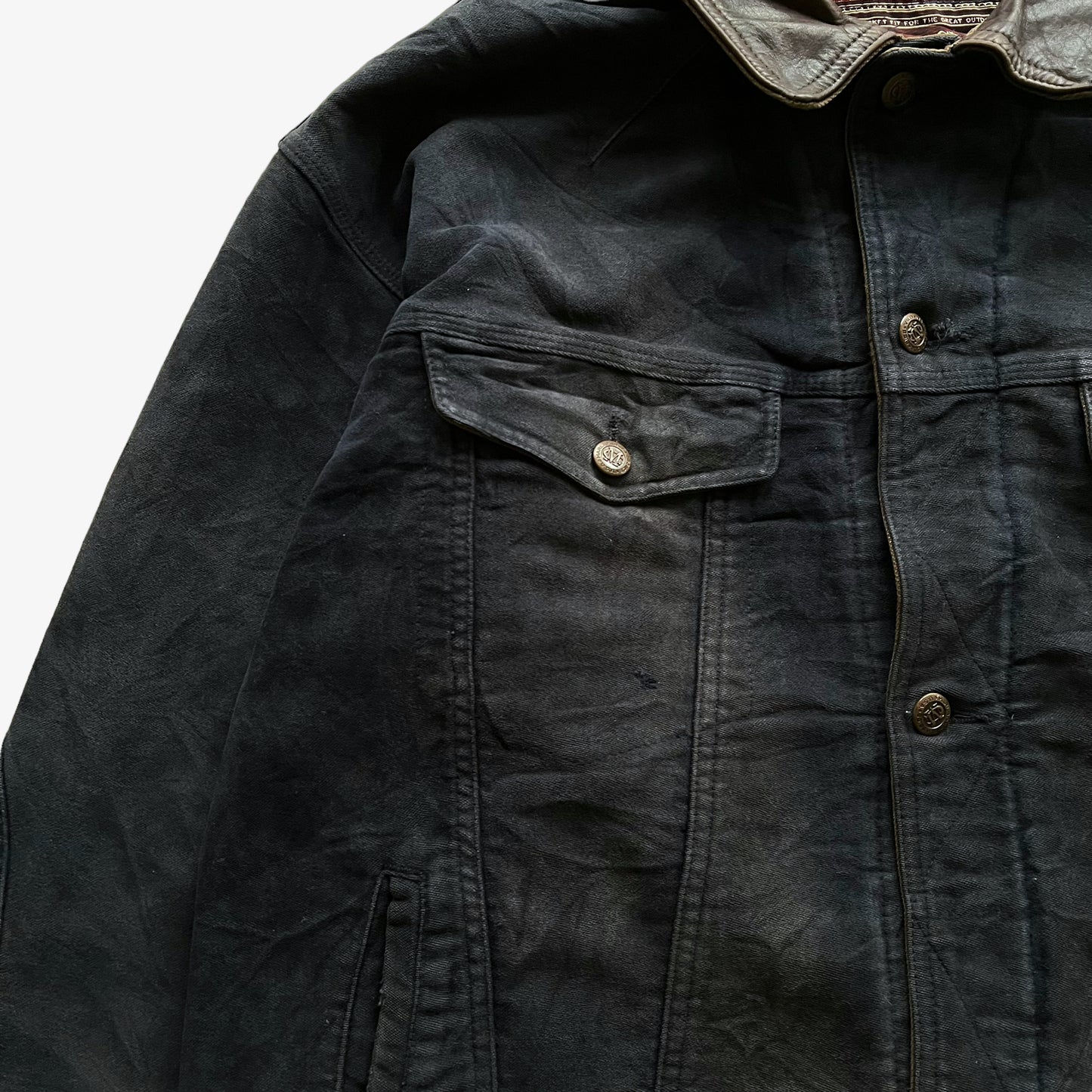 Vintage 90s Marlboro Classics Black Workwear Jacket With Leather Collar Pocket - Casspios Dream