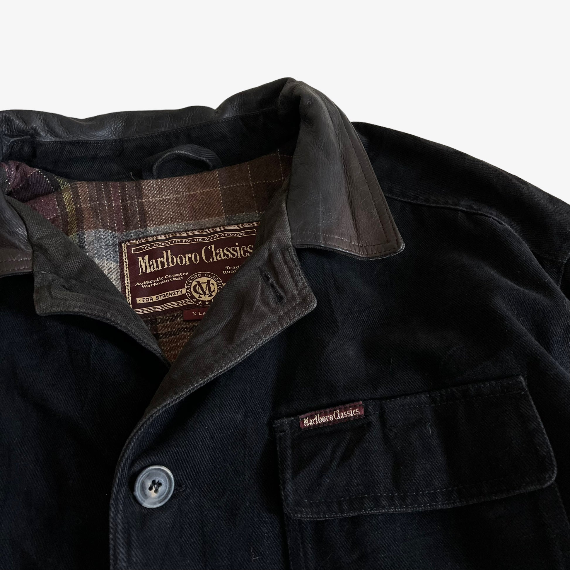 Vintage 90s Marlboro Classics Black Workwear Jacket With Leather Collar Tag - Casspios Dream