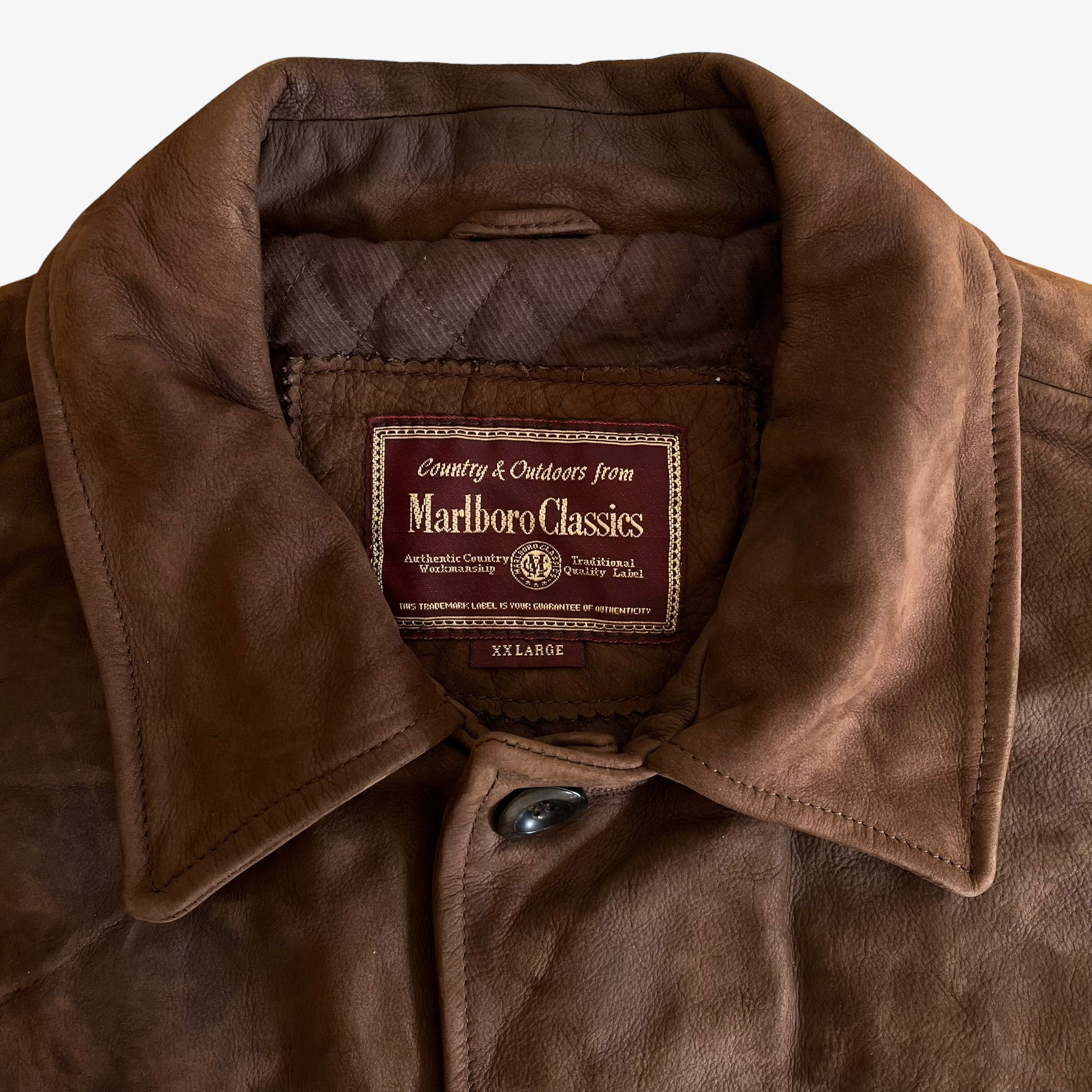 Vintage 90s Marlboro Classics Brown Leather Jacket Label - Casspios Dream