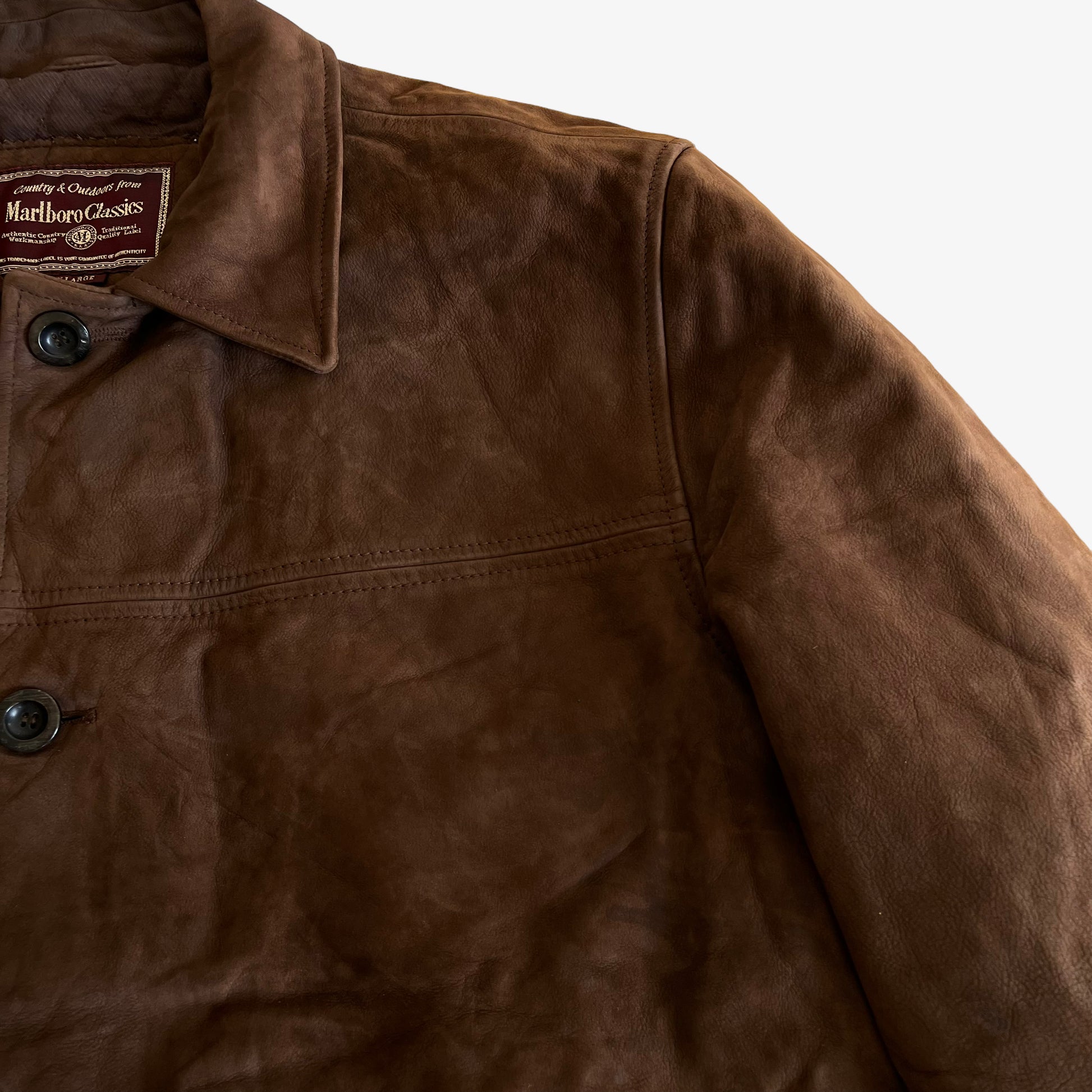 Vintage 90s Marlboro Classics Brown Leather Jacket Shoulder - Casspios Dream