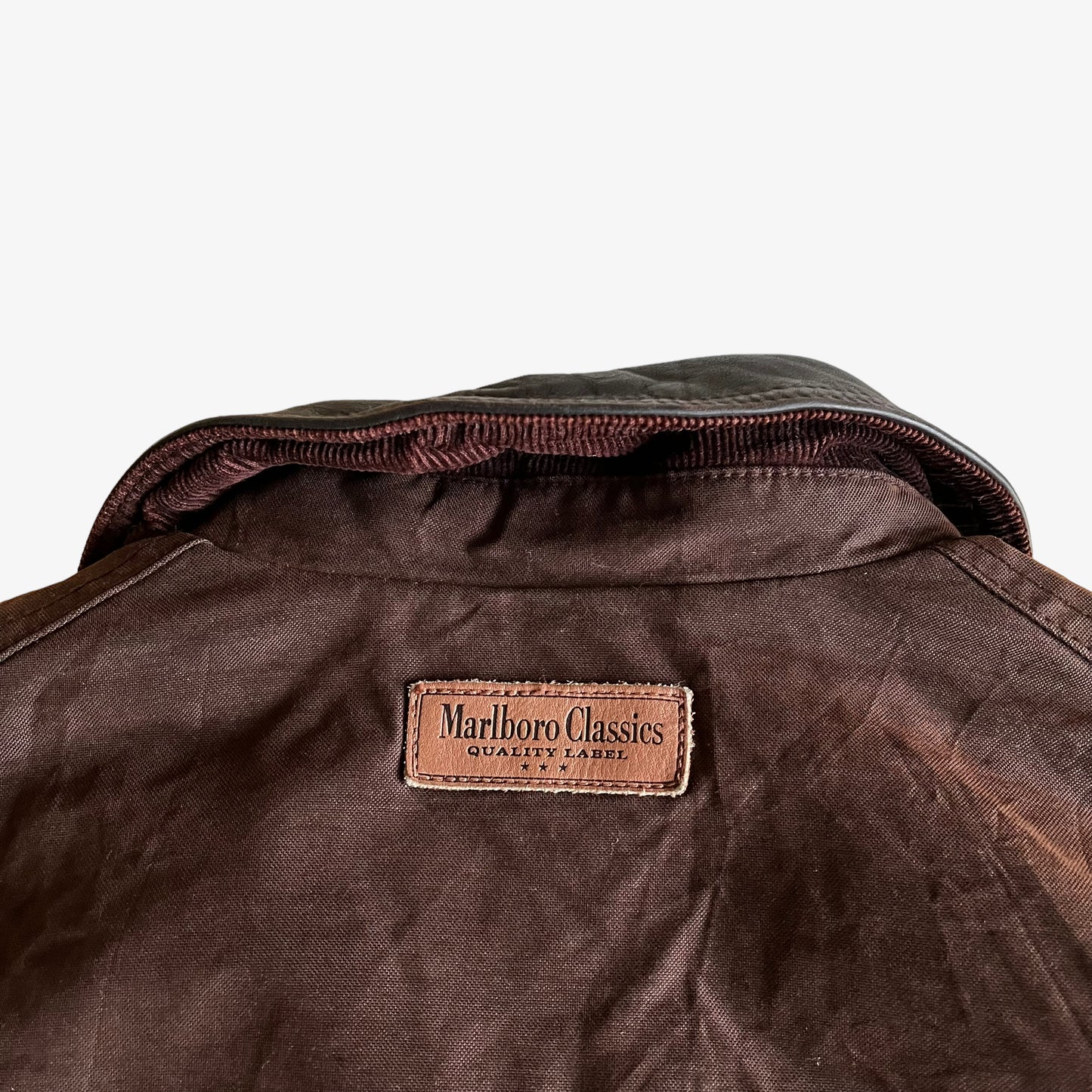 Vintage 90s Marlboro Classics Brown Waxed Jacket With Black Leather Collar Back Label - Casspios Dream