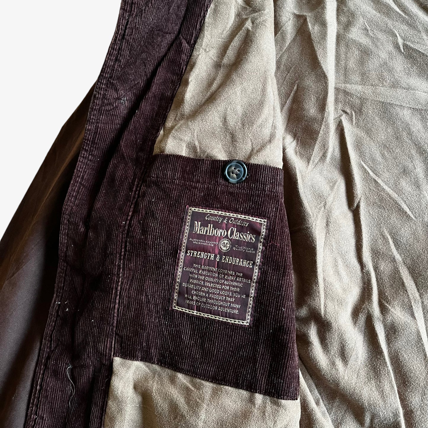Vintage 90s Marlboro Classics Brown Waxed Jacket With Black Leather Collar Inside Label - Casspios Dream