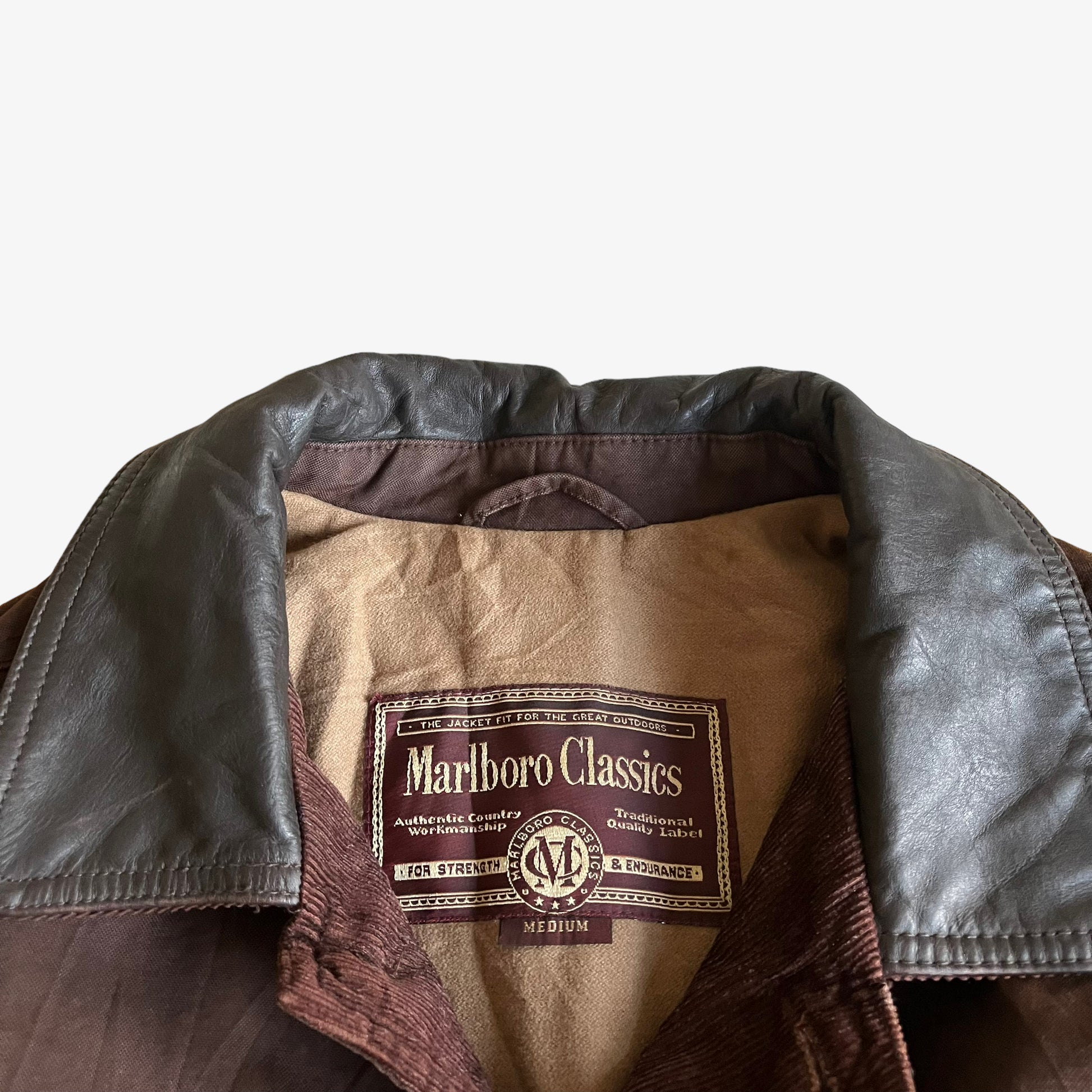 Vintage 90s Marlboro Classics Brown Waxed Jacket With Black Leather Collar Label - Casspios Dream