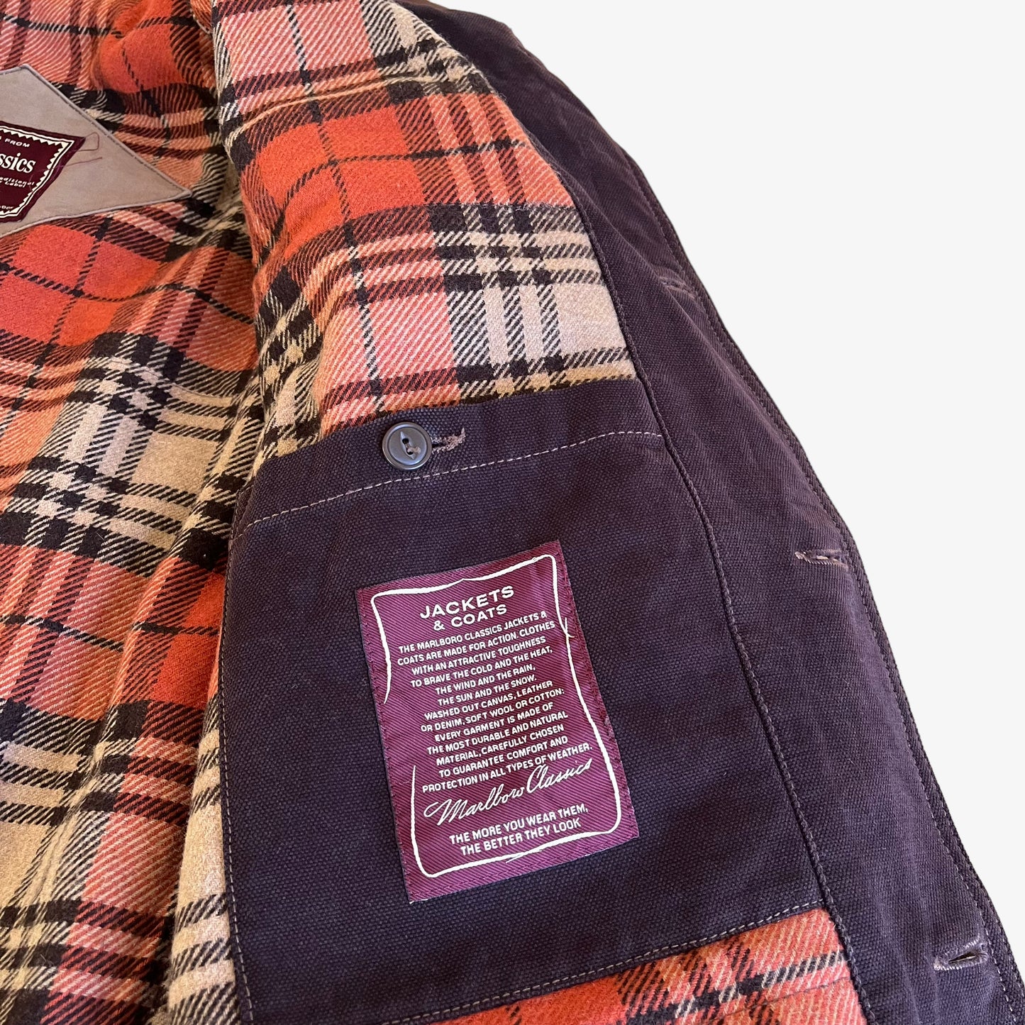 Vintage 90s Marlboro Classics Brown Workwear Jacket With Leather Collar Inside Label - Casspios Dream