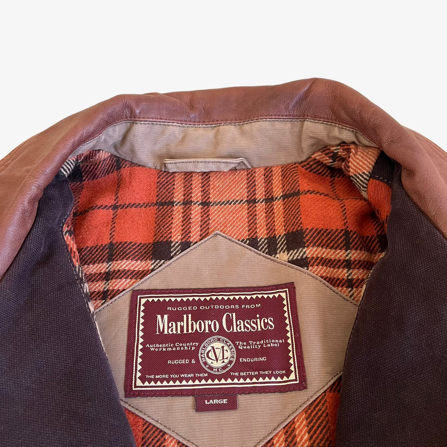 Vintage 90s Marlboro Classics Brown Workwear Jacket With Leather Collar Label - Casspios Dream