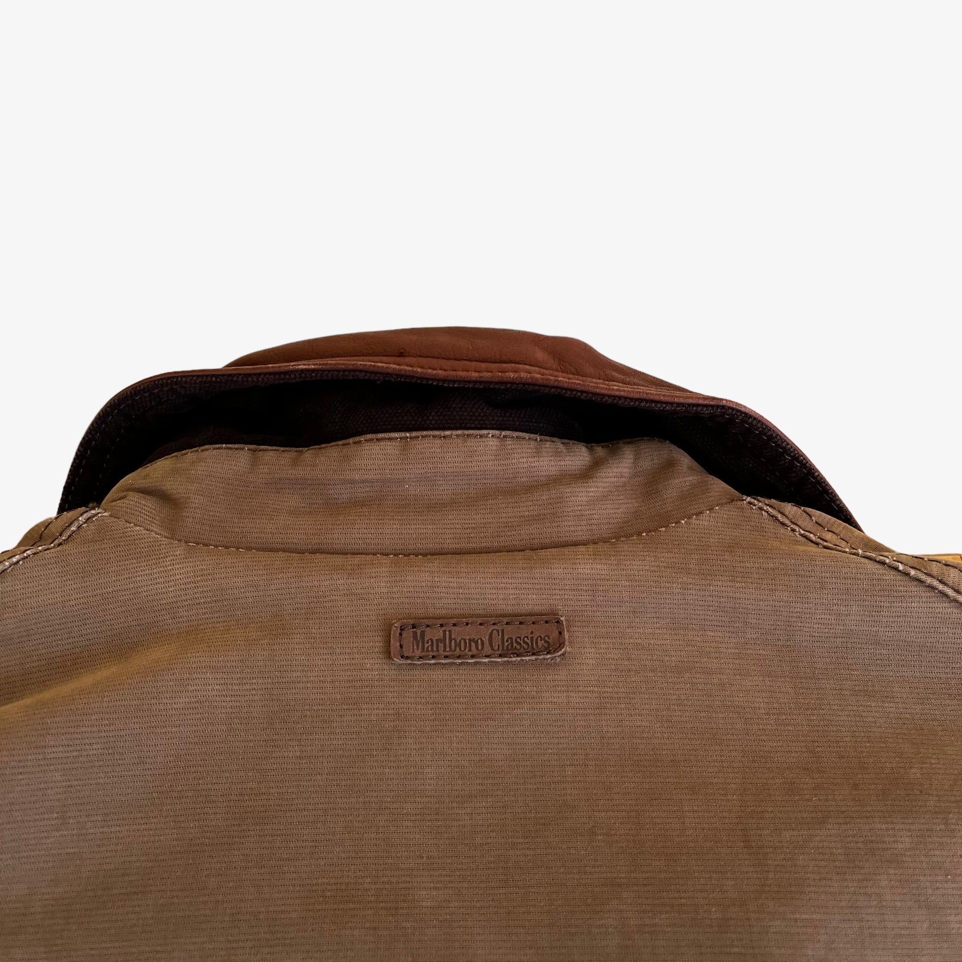 Vintage 90s Marlboro Classics Brown Workwear Jacket With Leather Collar Logo - Casspios Dream