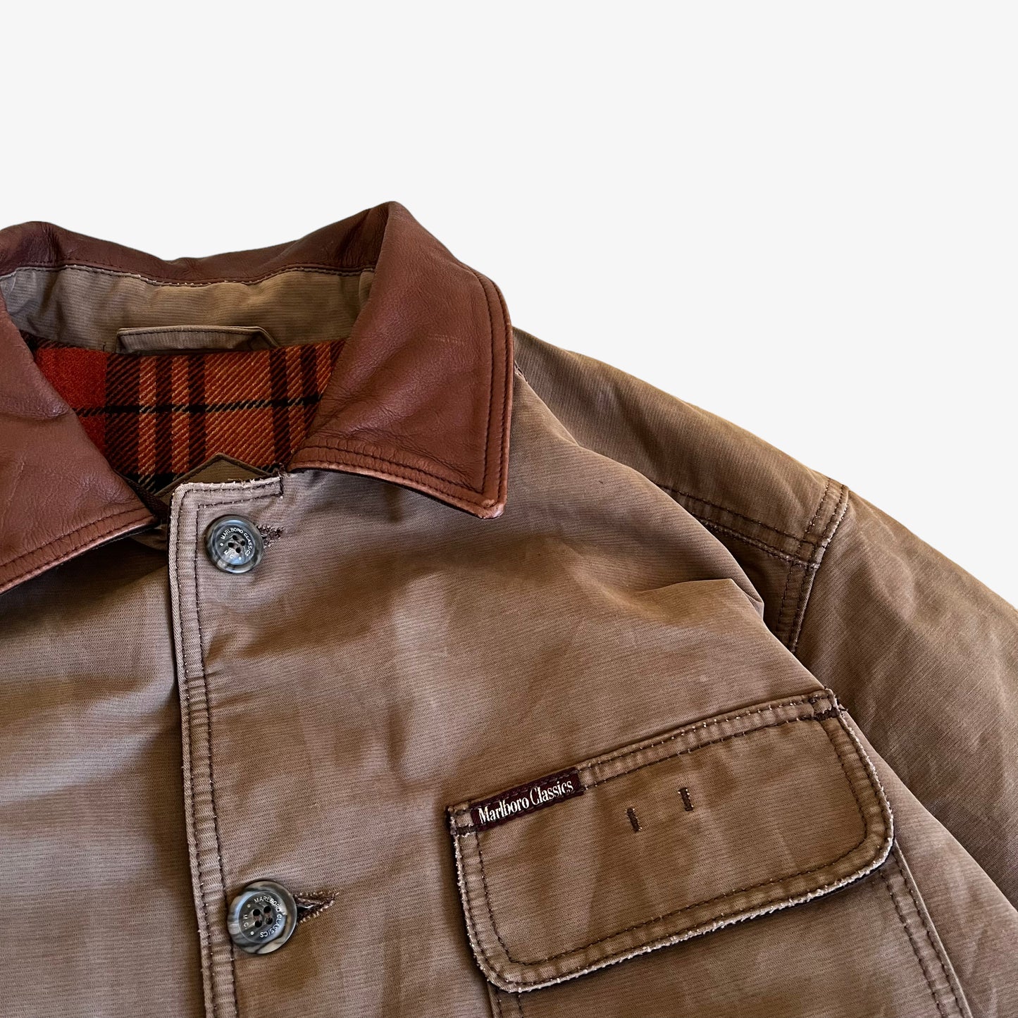 Vintage 90s Marlboro Classics Brown Workwear Jacket With Leather Collar Tag - Casspios Dream