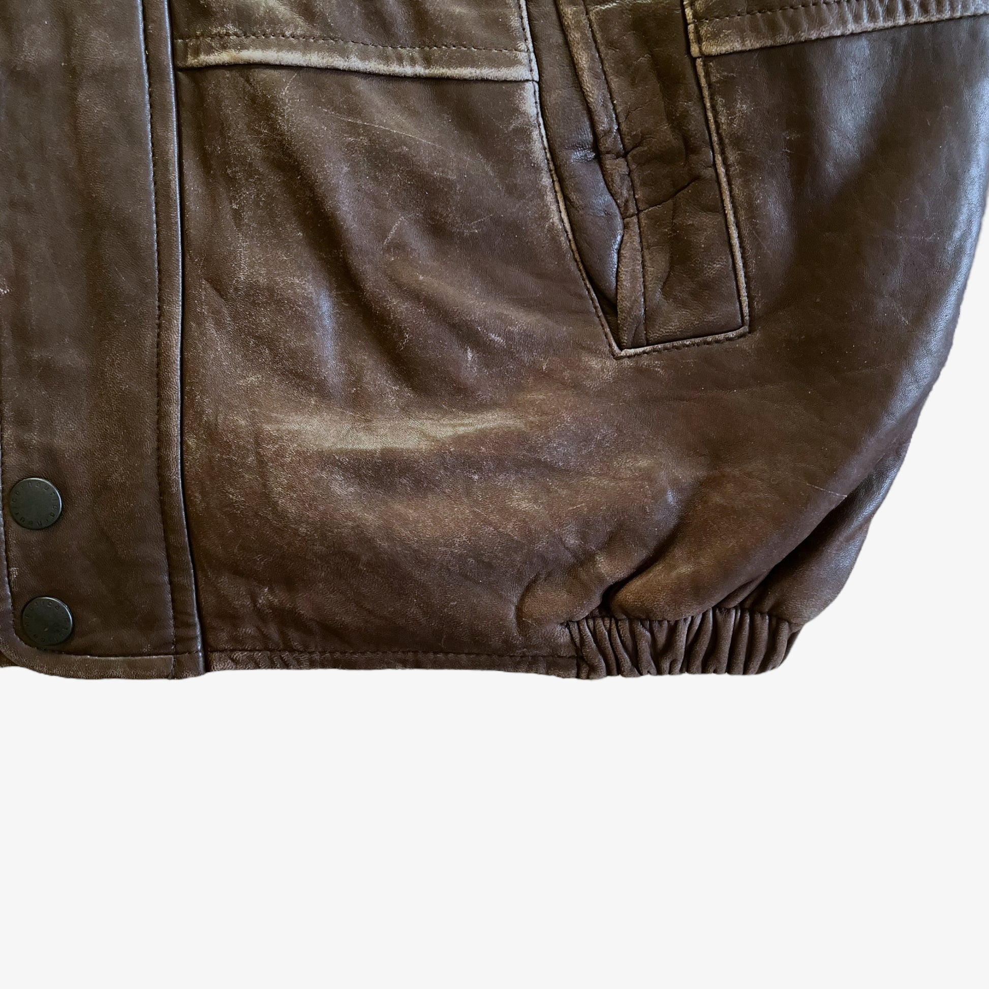 Vintage 90s Nautica Brown Leather Driving Jacket Hem - Casspios Dream