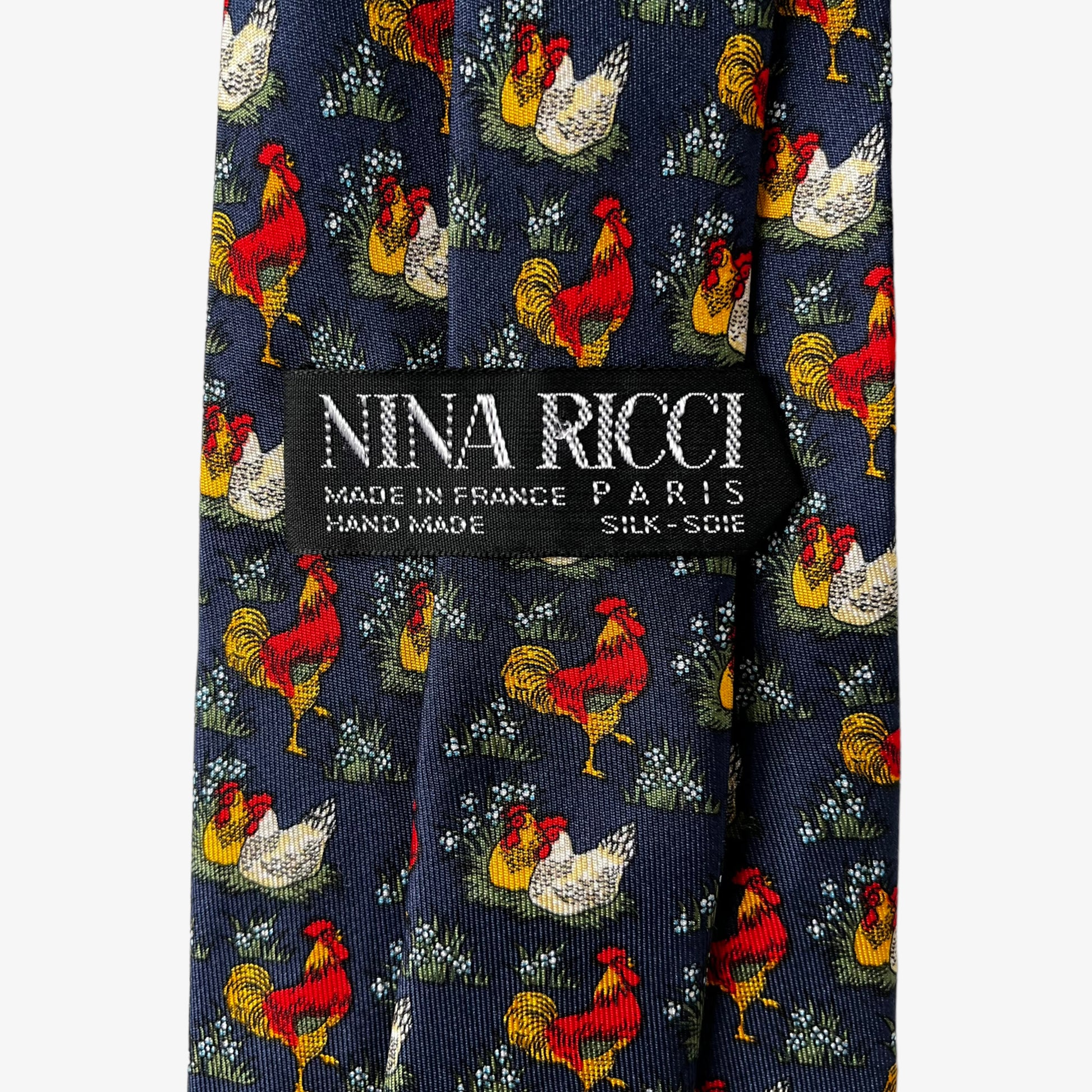 Vintage 90s Nina Ricci Chicken Rooster Print Silk Tie Label - Casspios Dream