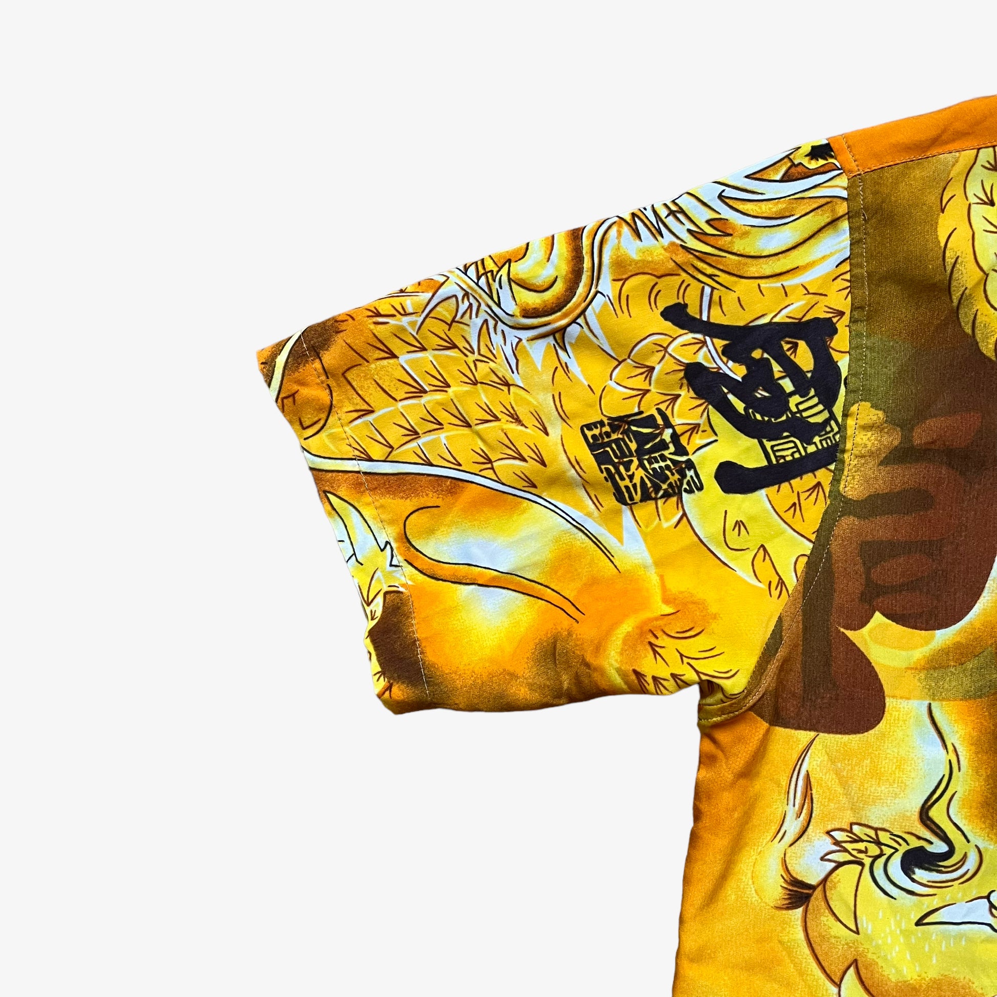 Vintage 90s Oriental Chinese Dragon Hawaiian Yellow Shirt Arm - Casspios Dream
