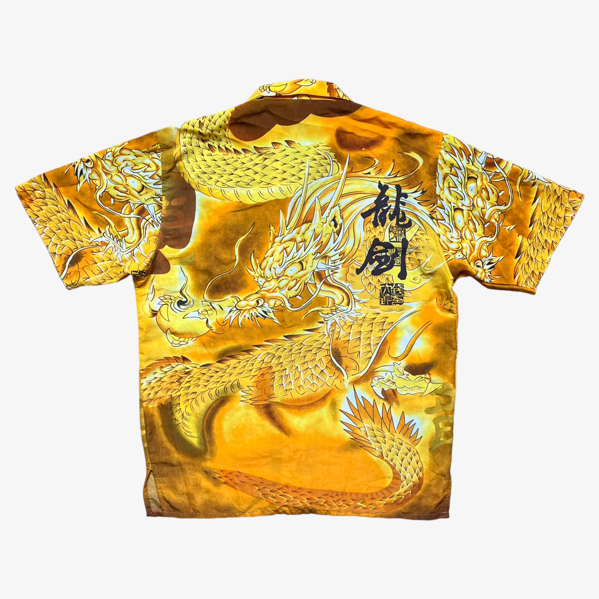 Vintage 90s Oriental Chinese Dragon Hawaiian Yellow Shirt Back - Casspios Dream