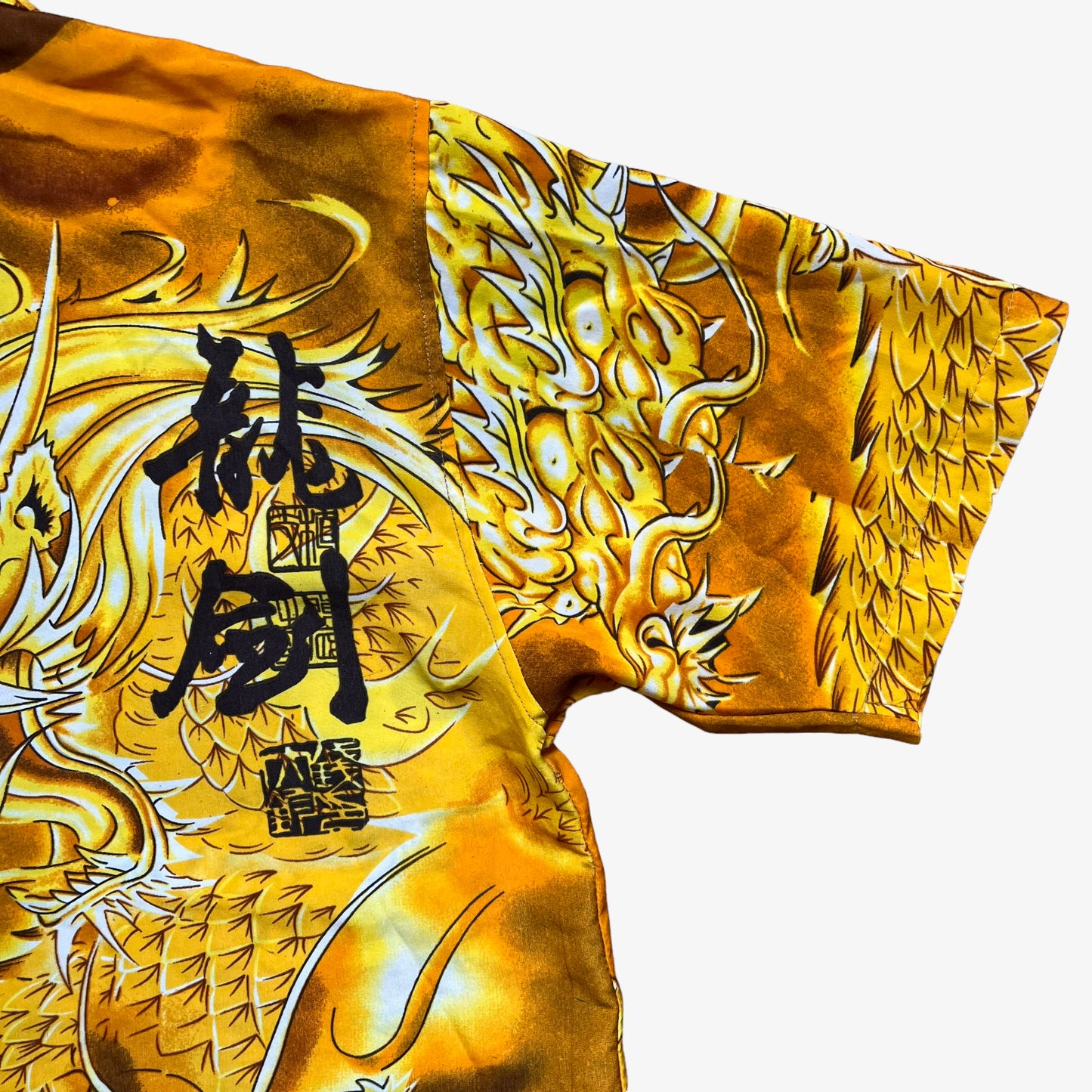 Vintage 90s Oriental Chinese Dragon Hawaiian Yellow Shirt Face - Casspios Dream
