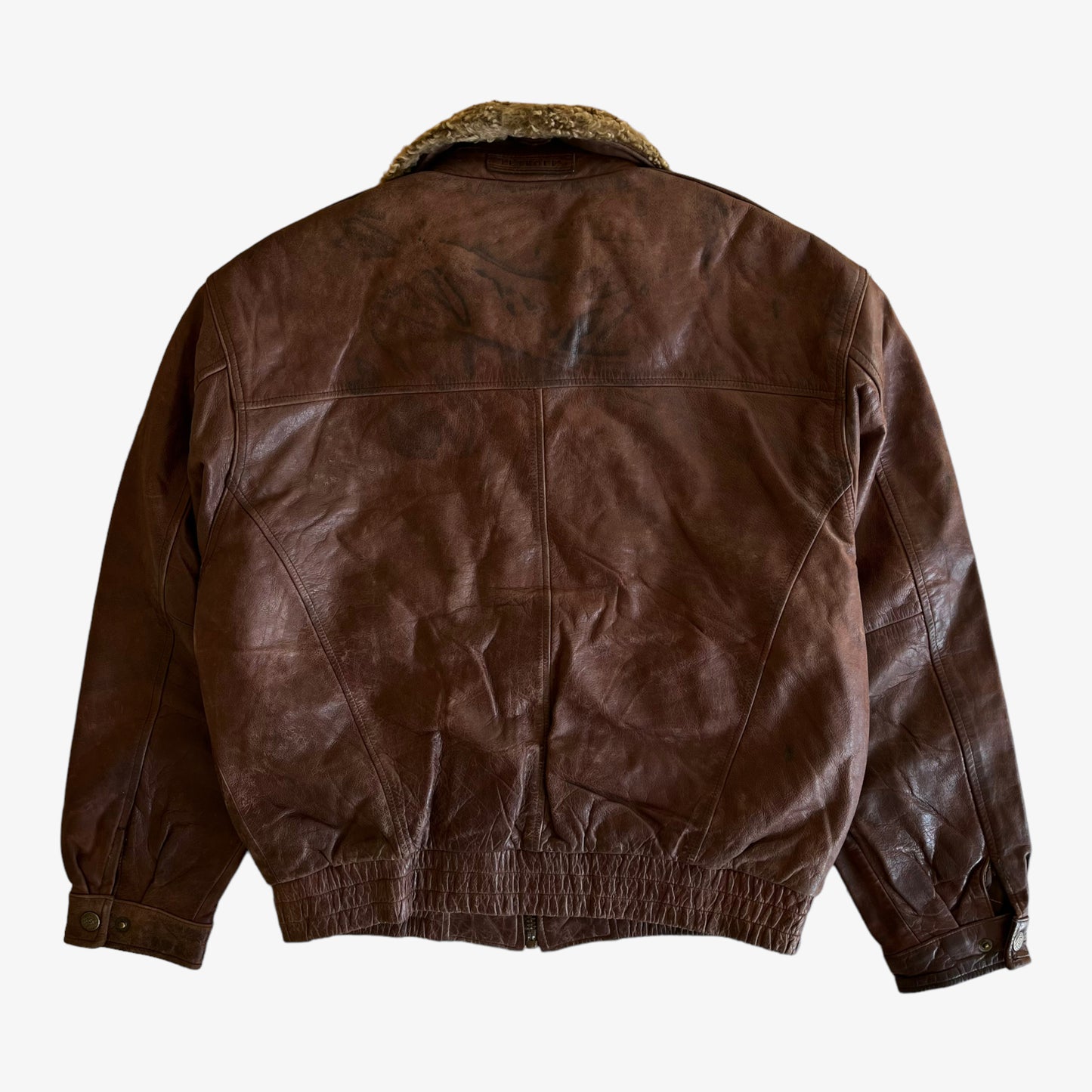 Vintage 90s Petroff West Air Sweden Brown Leather Pilot Jacket With Fur Collar Back - Casspios Dream