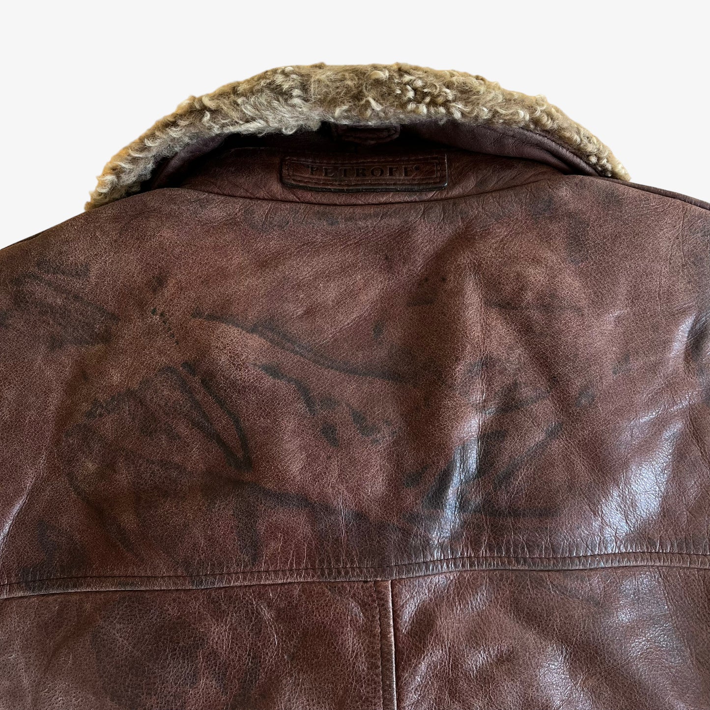Vintage 90s Petroff West Air Sweden Brown Leather Pilot Jacket With Fur Collar Back Wear - Casspios Dream
