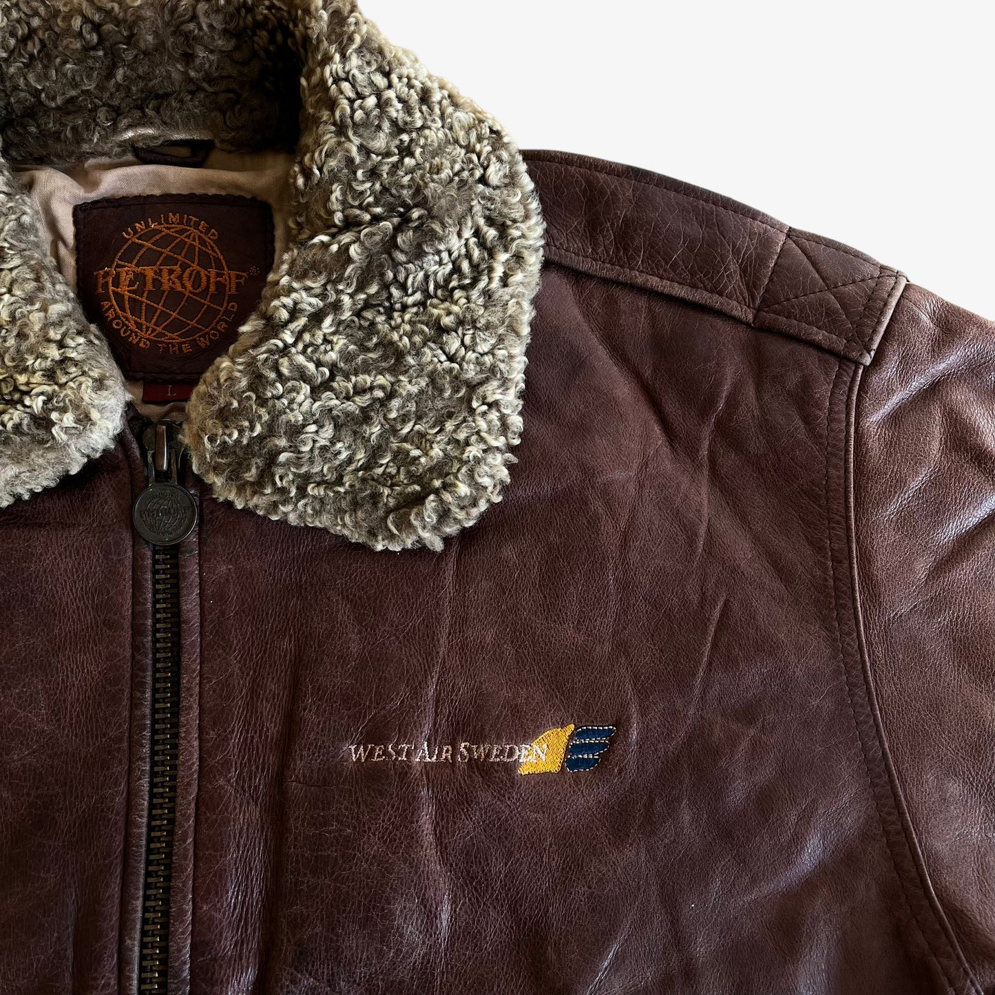 Vintage 90s Petroff West Air Sweden Brown Leather Pilot Jacket With Fur Collar Logo - Casspios Dream