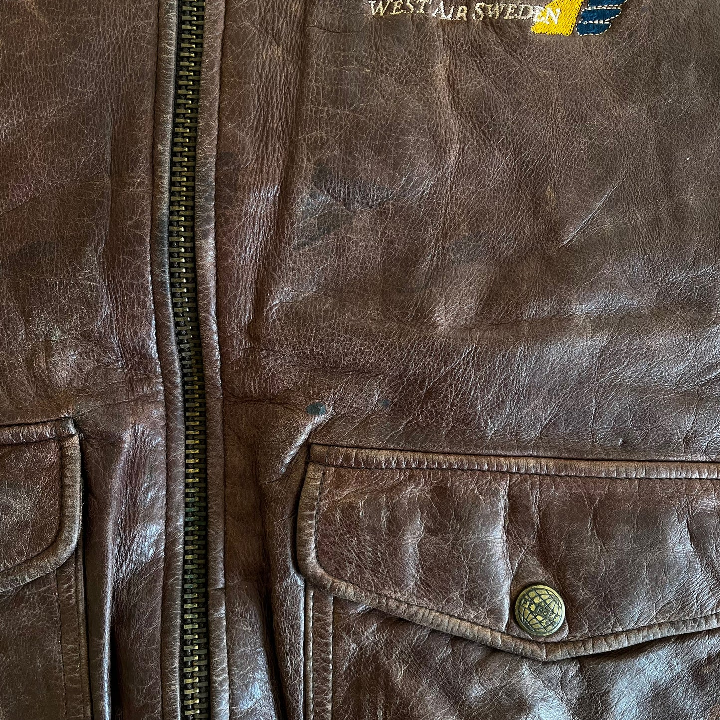 Vintage 90s Petroff West Air Sweden Brown Leather Pilot Jacket With Fur Collar Mark - Casspios Dream