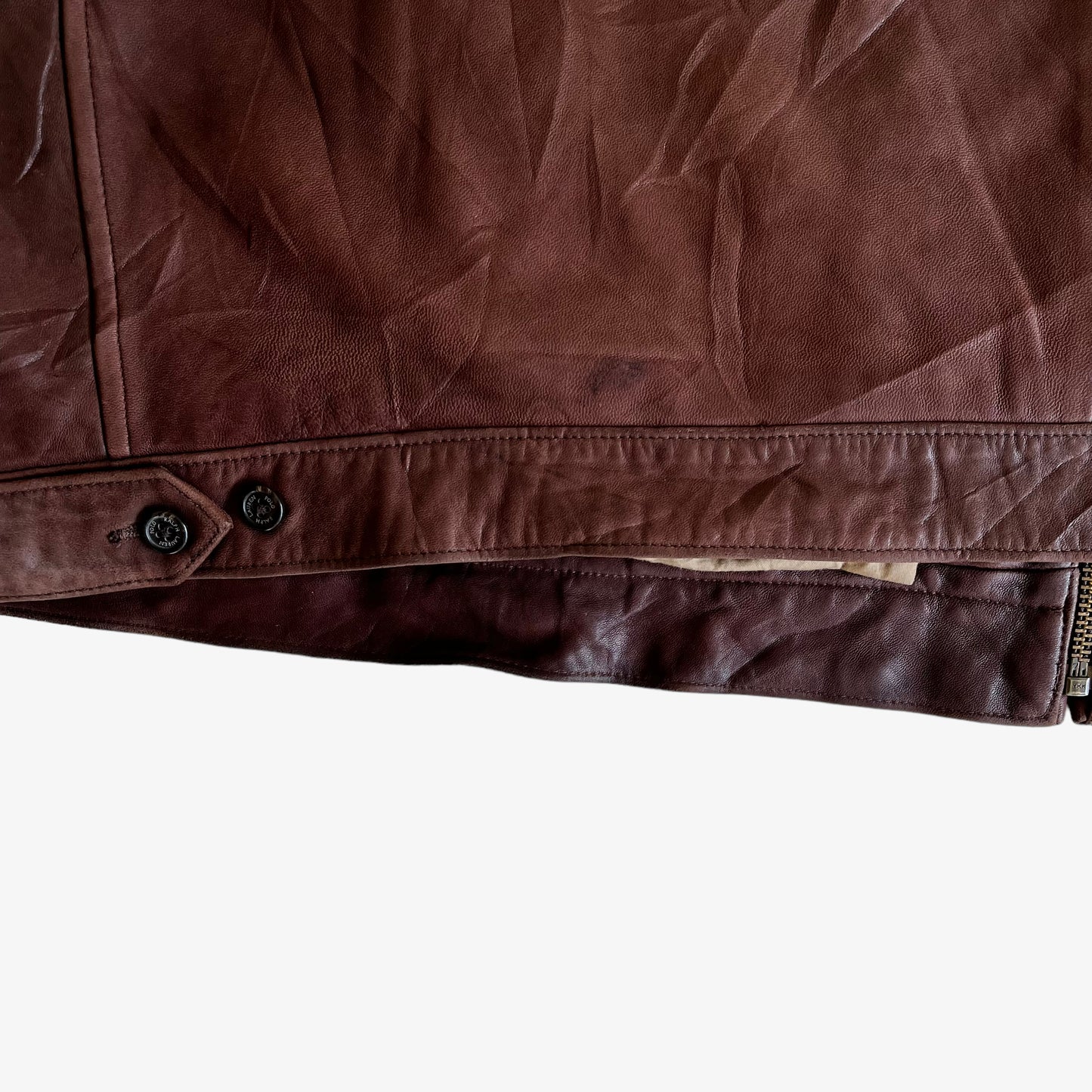 Vintage 90s Polo Ralph Lauren Burgundy Soft Leather Jacket Hem Wear - Casspios Dream