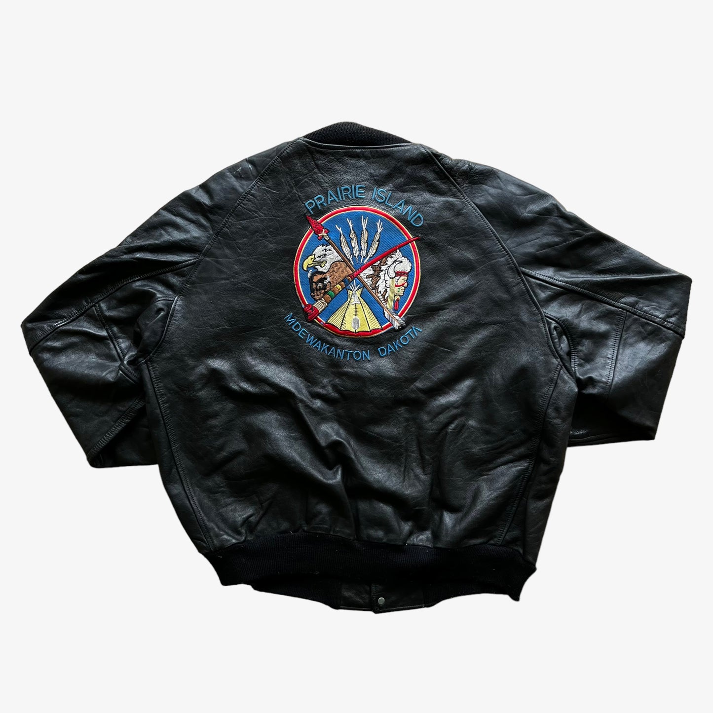 Vintage 90s Praire Island Mdewakanton Dakota Leather Jacket Back - Casspios Dream
