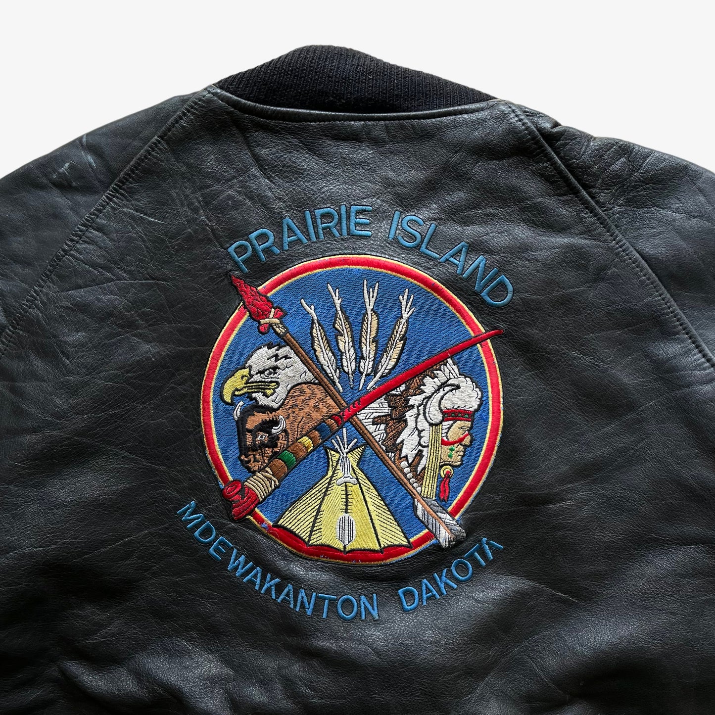 Vintage 90s Praire Island Mdewakanton Dakota Leather Jacket Back Logo - Casspios Dream