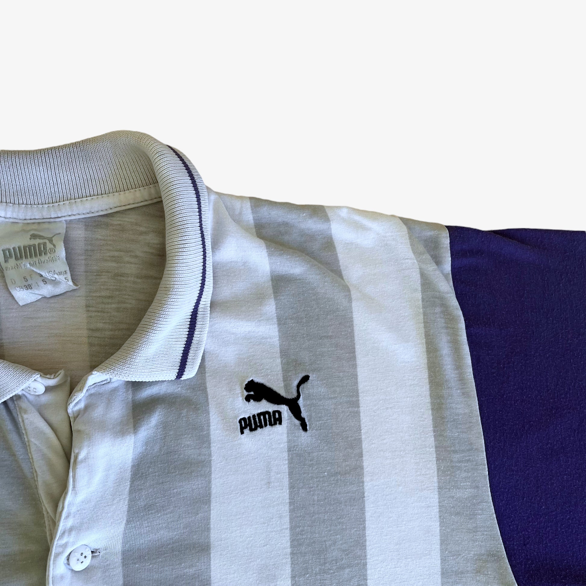 Vintage 90s Puma Tennis Club Striped Polo Shirt With Back Spell Out Logo - Casspios Dream