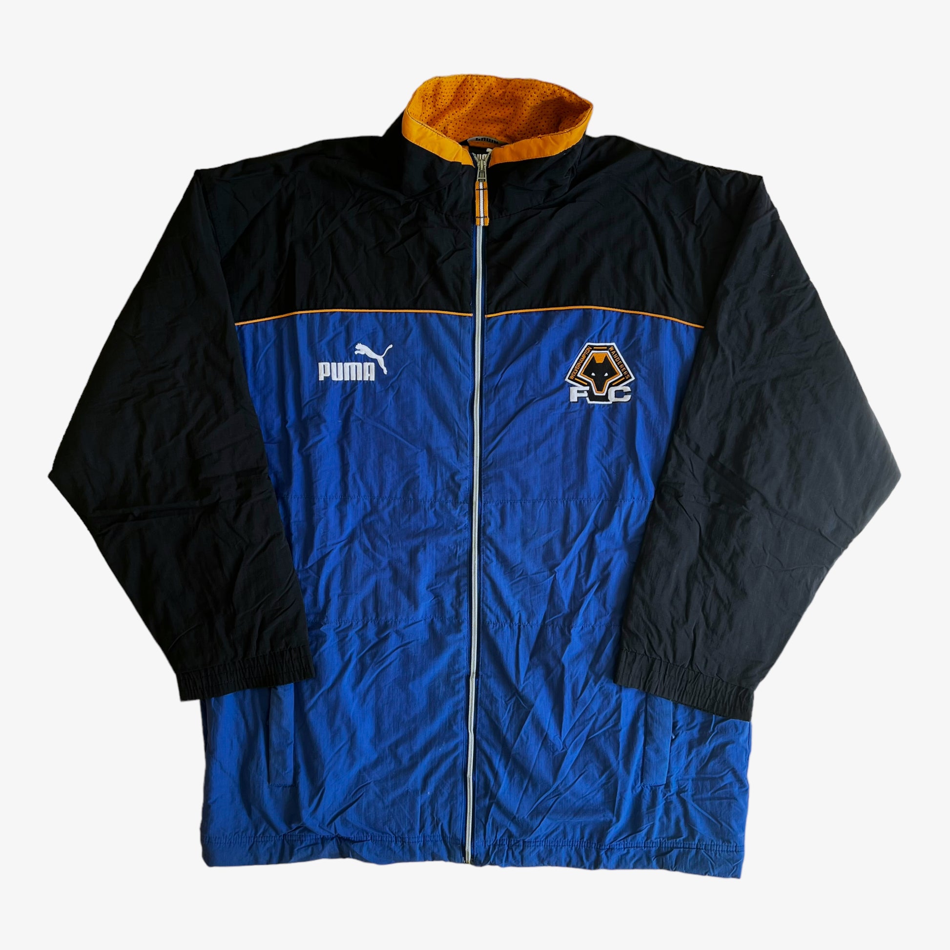Vintage 90s Puma Wolverhampton Wanderers 1996 Blue Drill Coat With Big Spell Out Goodyear Back Logo - Casspios Dream