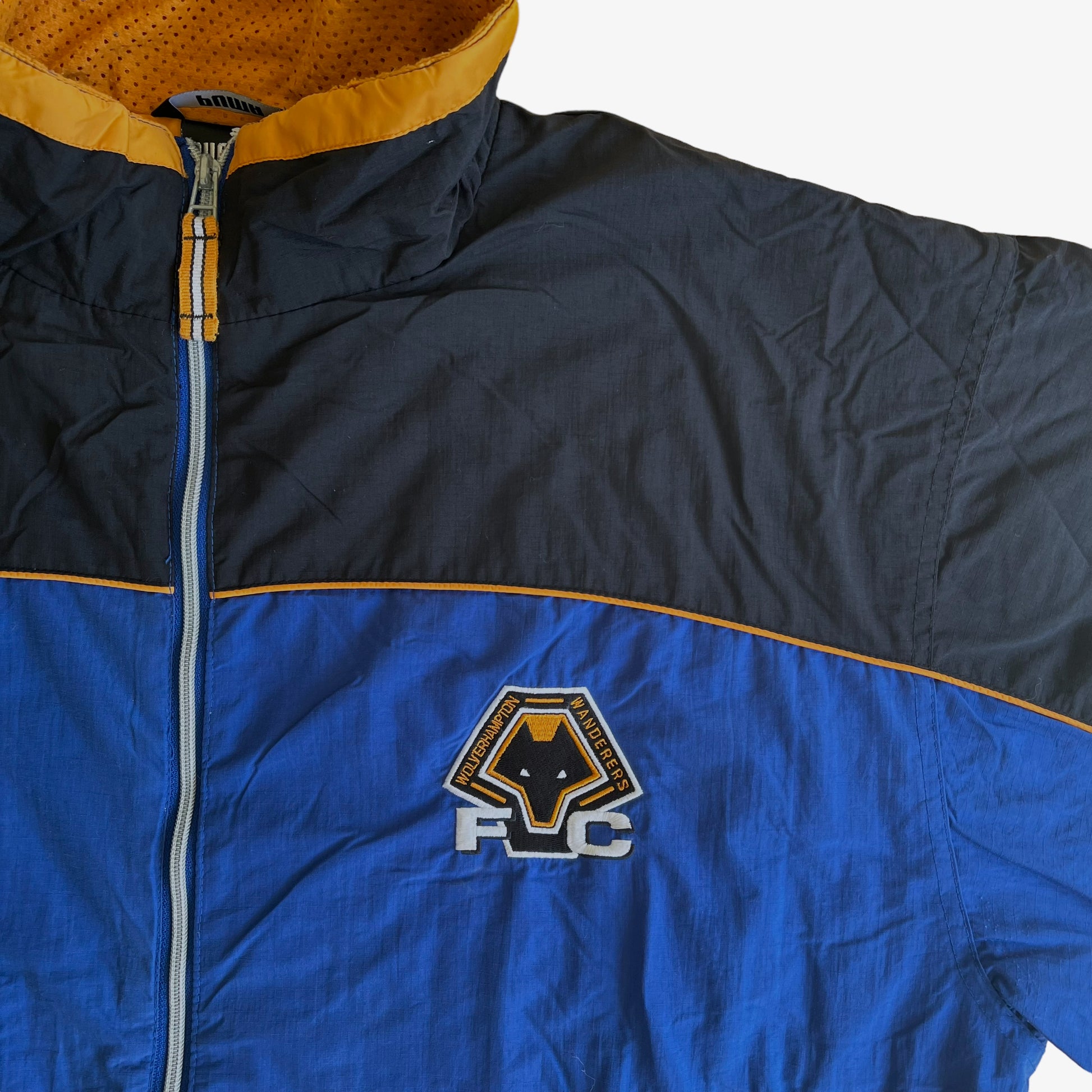 Vintage 90s Puma Wolverhampton Wanderers 1996 Blue Drill Coat With Big Spell Out Goodyear Back Logo Crest - Casspios Dream