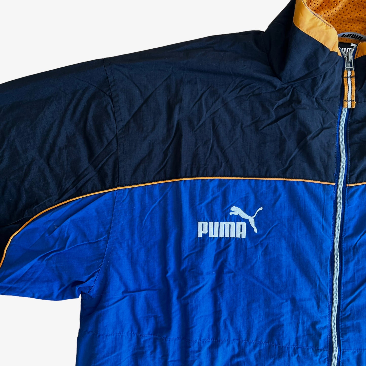Vintage 90s Puma Wolverhampton Wanderers 1996 Blue Drill Coat With Big Spell Out Goodyear Back Logo Logo - Casspios Dream