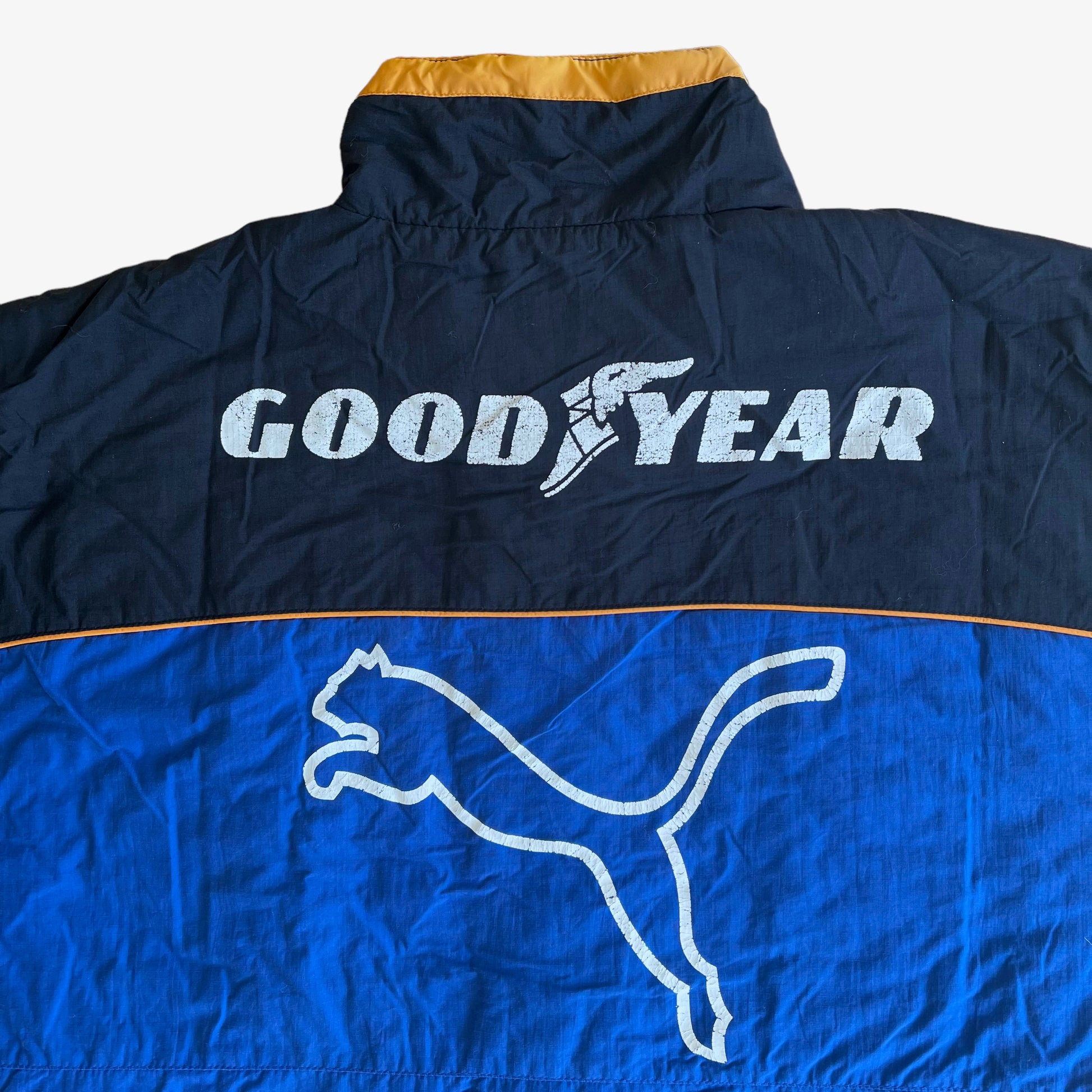 Vintage 90s Puma Wolverhampton Wanderers 1996 Blue Drill Coat With Big Spell Out Goodyear Back Logo Print - Casspios Dream