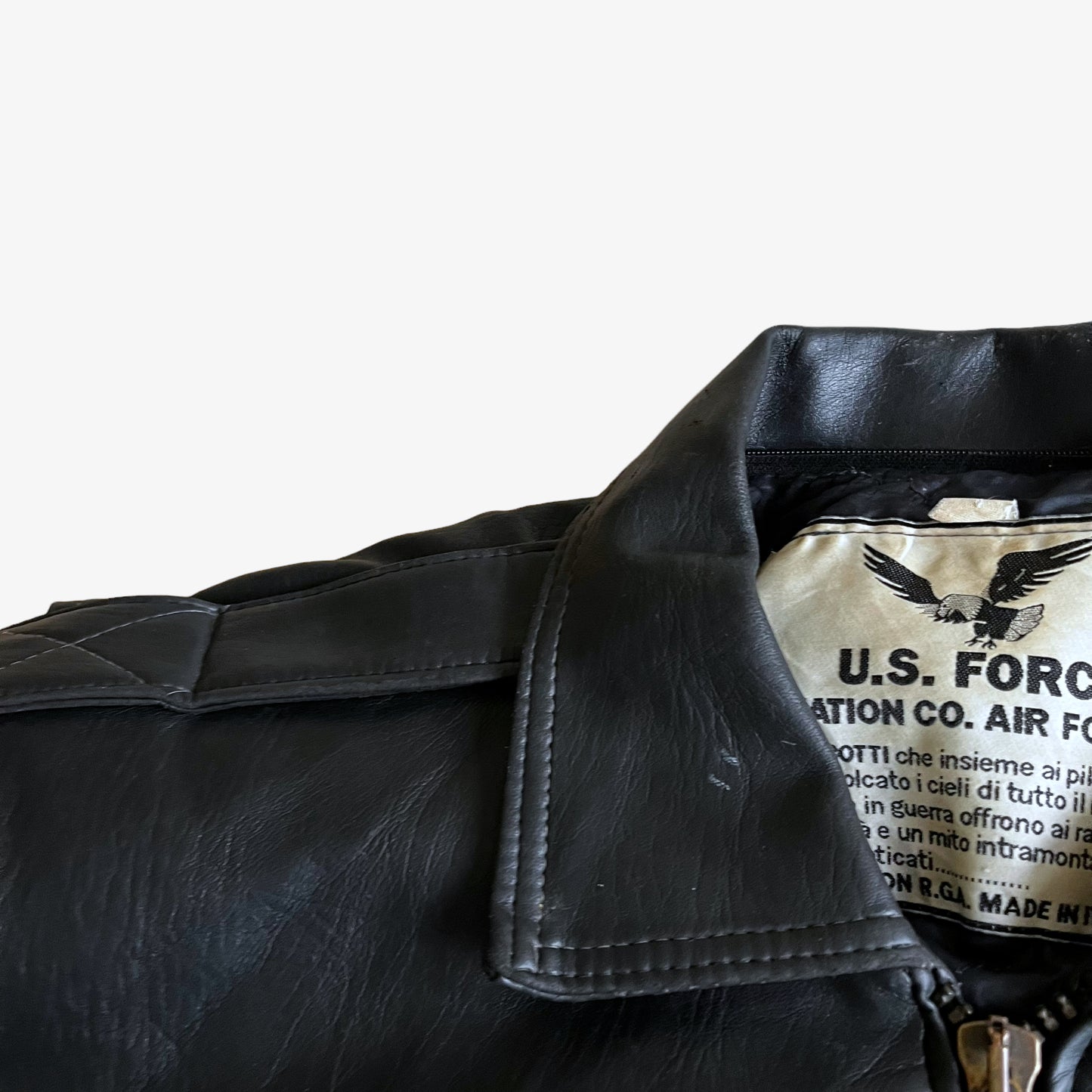 Vintage 90s RGA US Air Force Faux Black Leather Pilot Jacket With Back Embroidered Eagle Collar - Casspios Dream