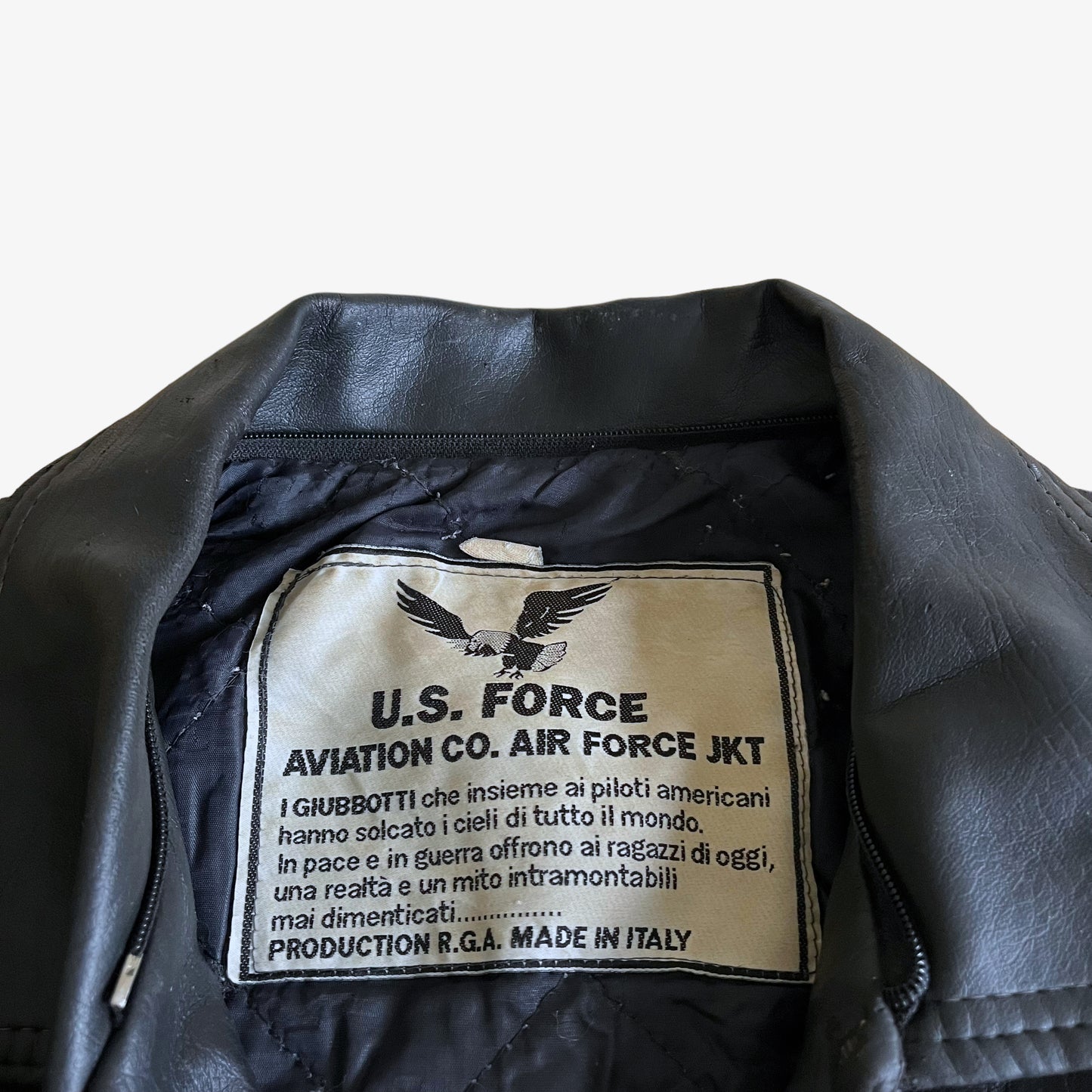 Vintage 90s RGA US Air Force Faux Black Leather Pilot Jacket With Back Embroidered Eagle Label - Casspios Dream