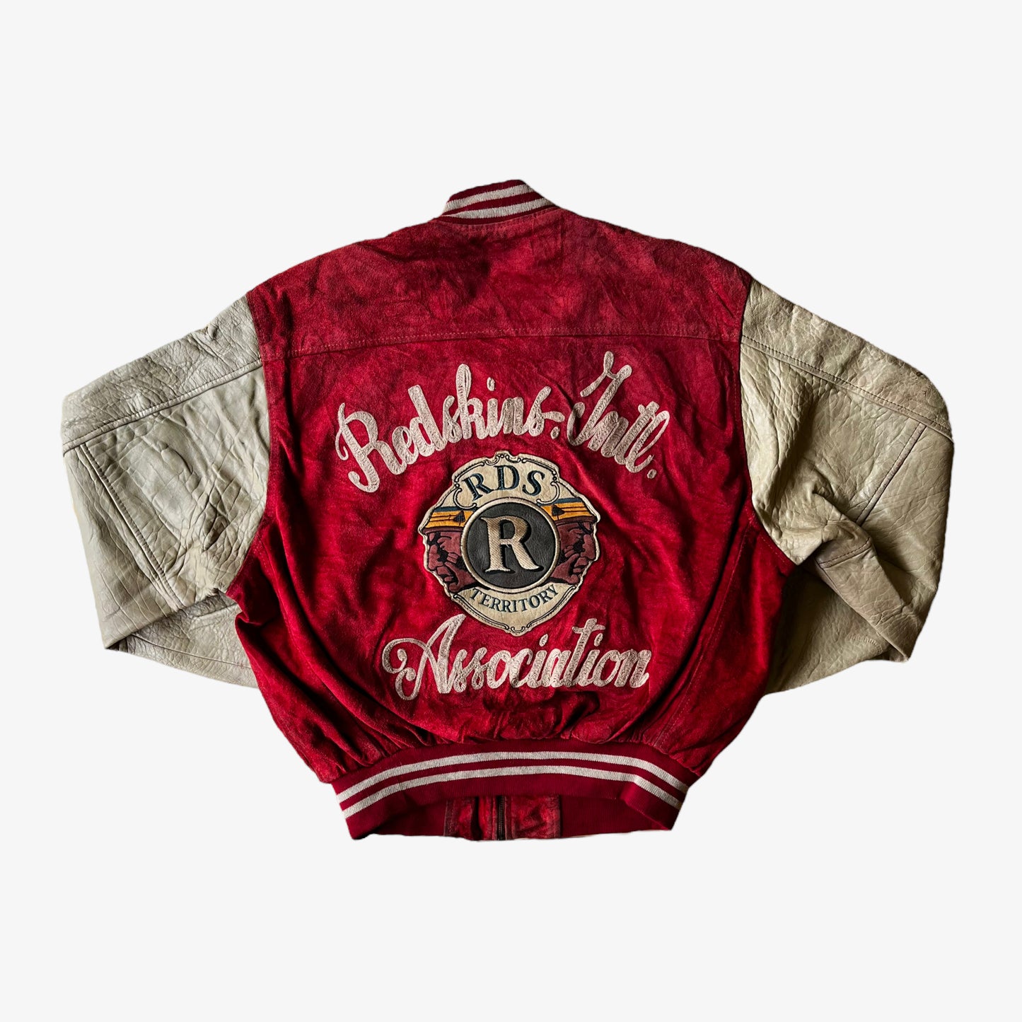 Vintage 90s Redskins Association RDS Territory Dragon Teddy By Da Nang Hue Red Leather Varsity Jacket Back - Casspios Dream