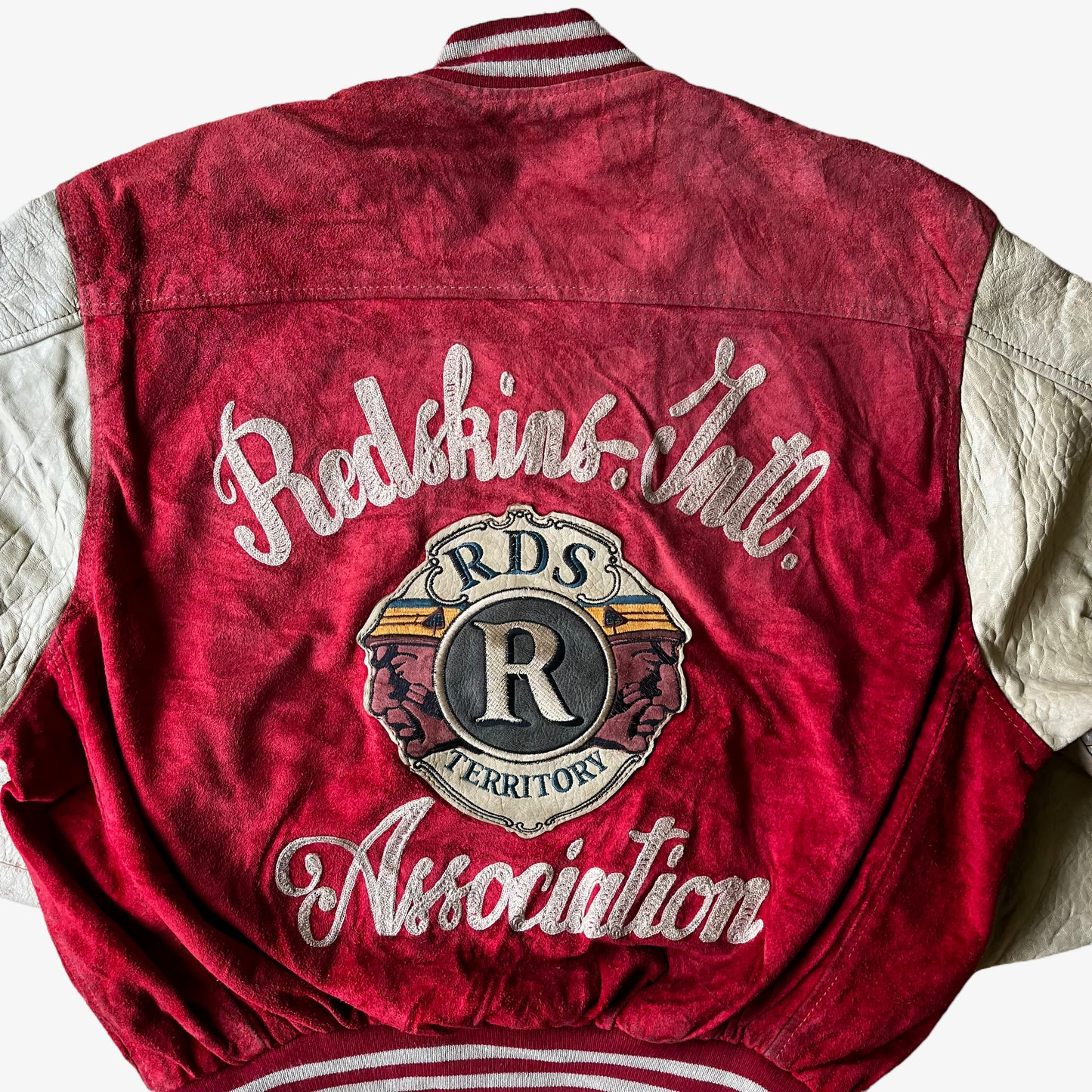 Vintage 90s Redskins Association RDS Territory Dragon Teddy By Da Nang Hue Red Leather Varsity Jacket Back Logo - Casspios Dream