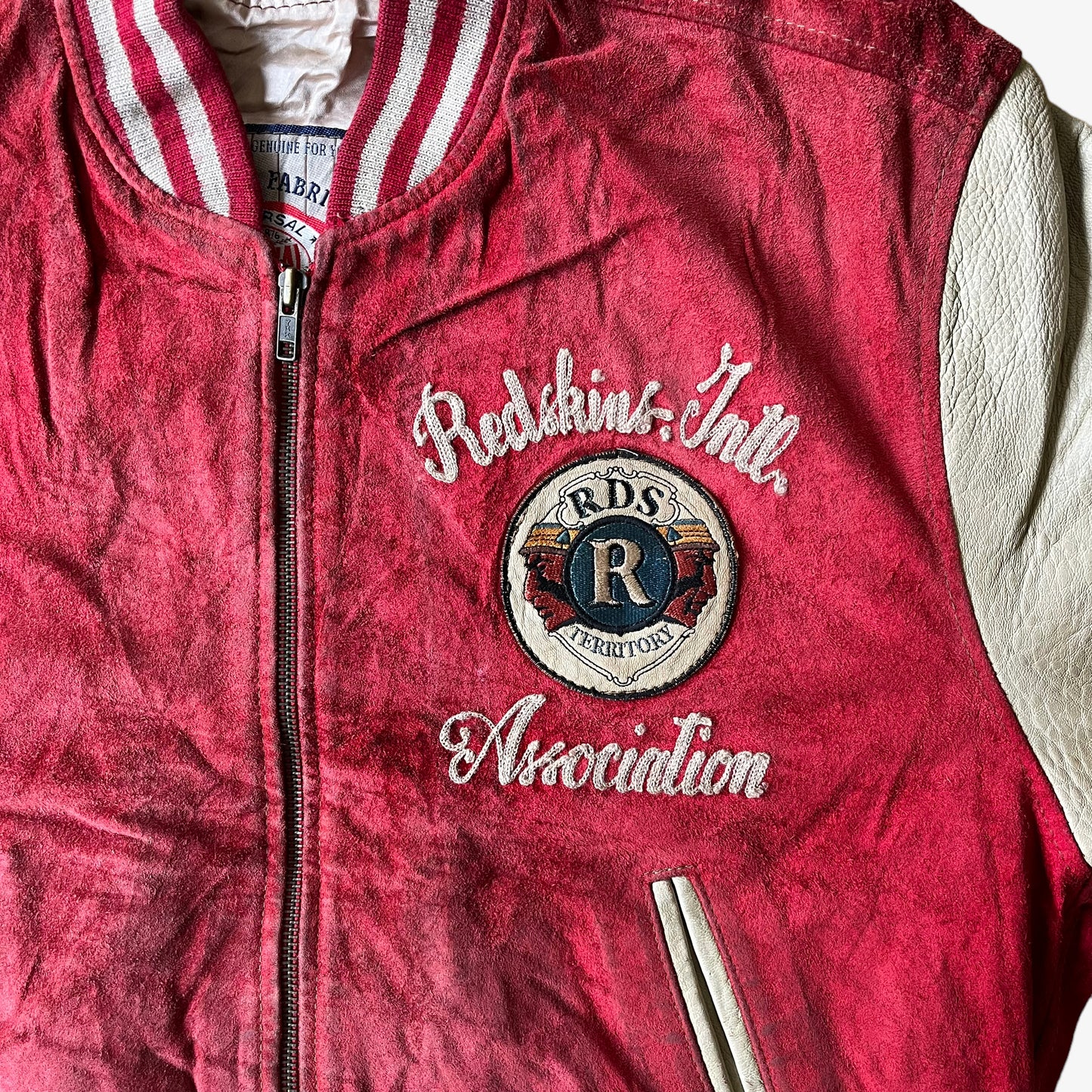 Vintage 90s Redskins Association RDS Territory Dragon Teddy By Da Nang Hue Red Leather Varsity Jacket Crest - Casspios Dream