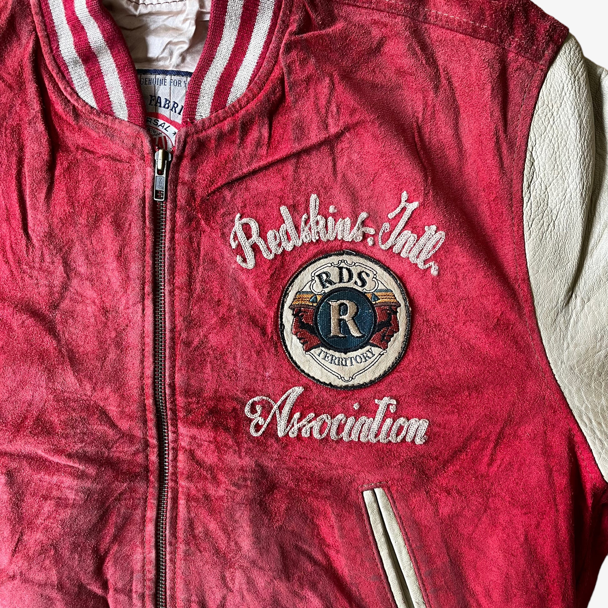 Vintage 90s Redskins Association RDS Territory Dragon Teddy By Da Nang Hue Red Leather Varsity Jacket Crest - Casspios Dream