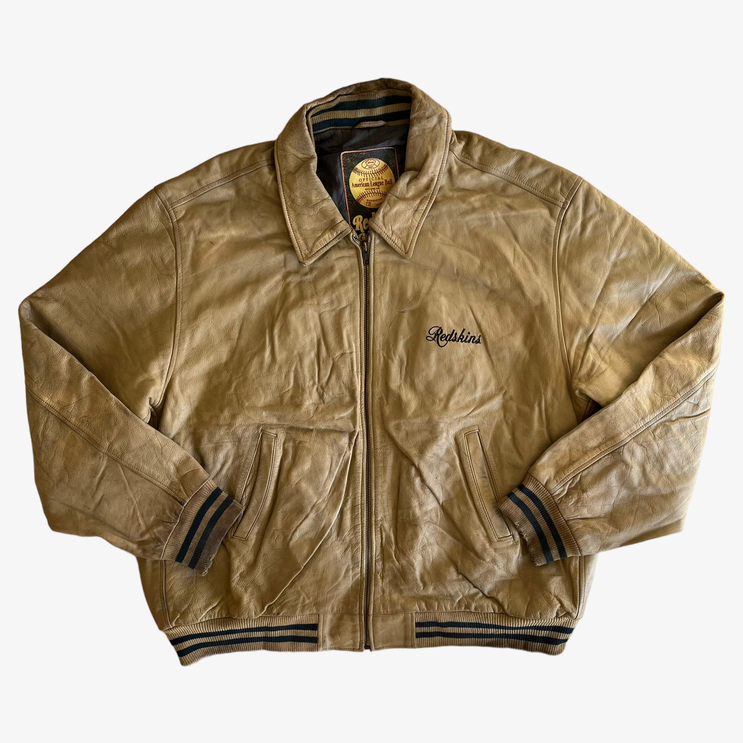 Vintage 90s Redskins Beige Leather Varsity Jacket - Casspios Dream