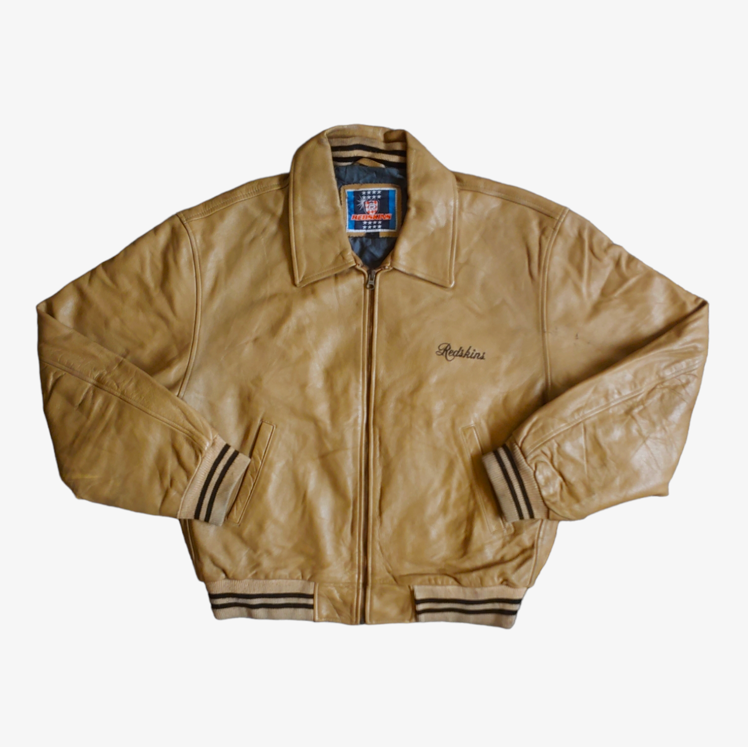 Vintage 90s Redskins Beige Leather Varsity Jacket - Casspios Dream