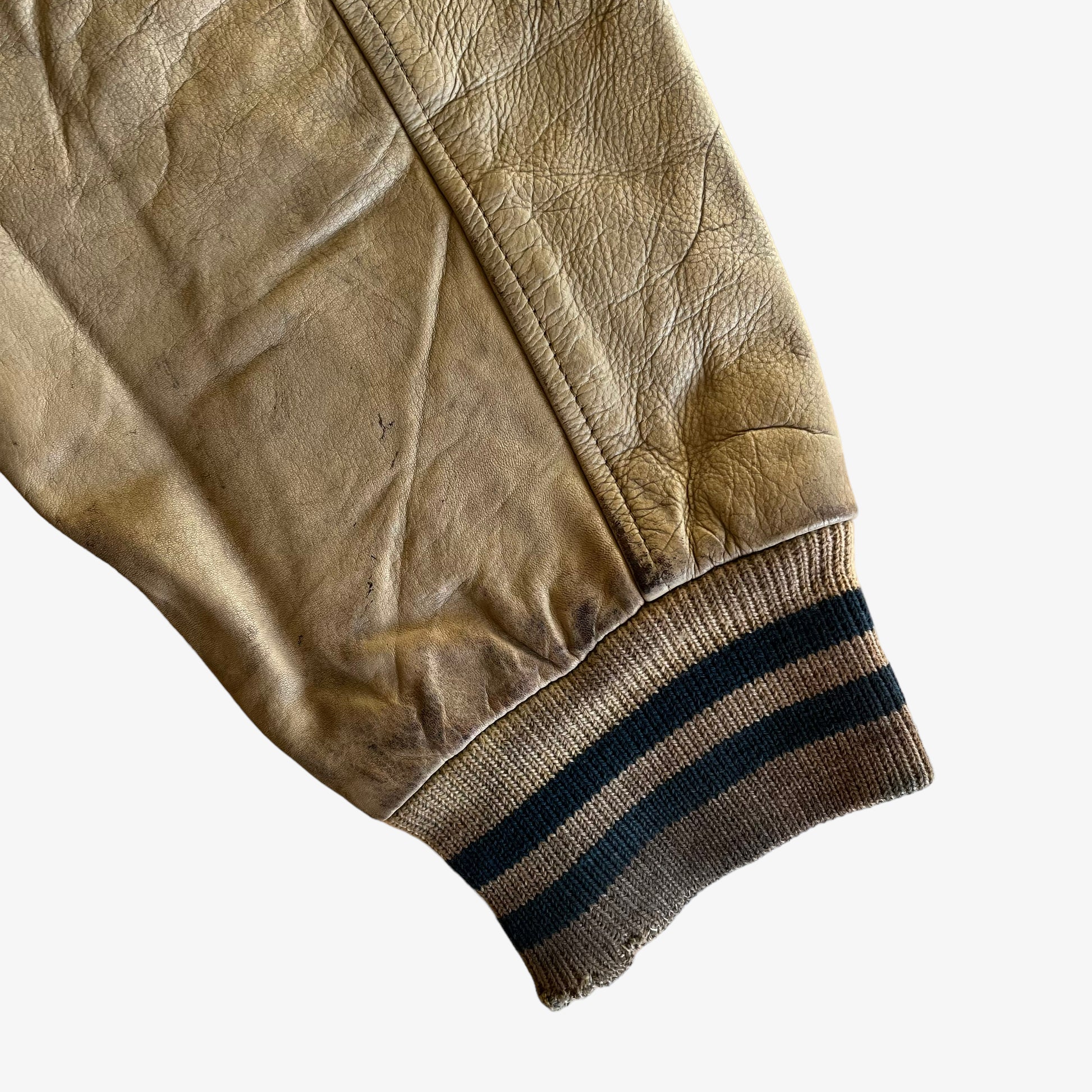 Vintage 90s Redskins Beige Leather Varsity Jacket Arm Wear - Casspios Dream