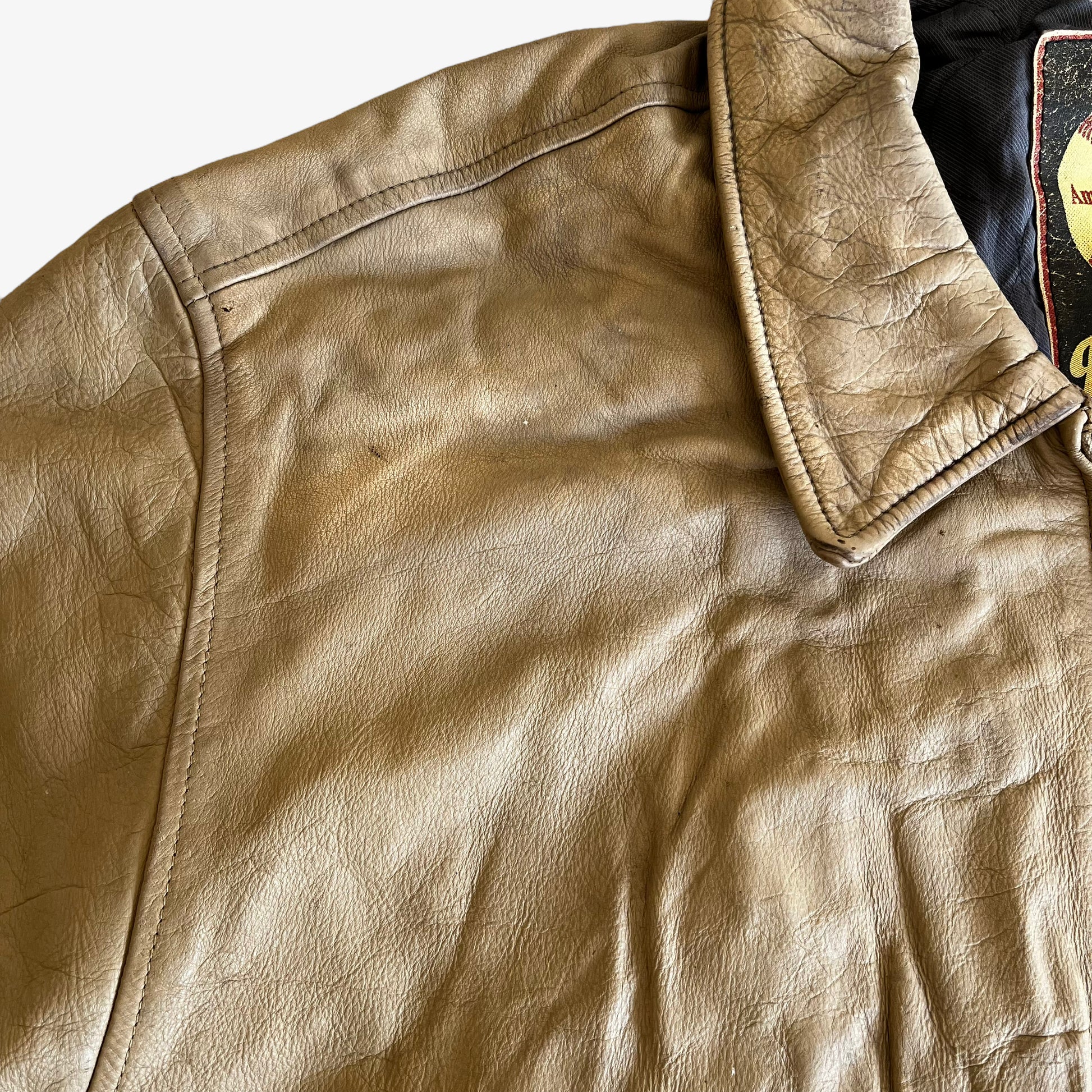 Vintage 90s Redskins Beige Leather Varsity Jacket Collar - Casspios Dream