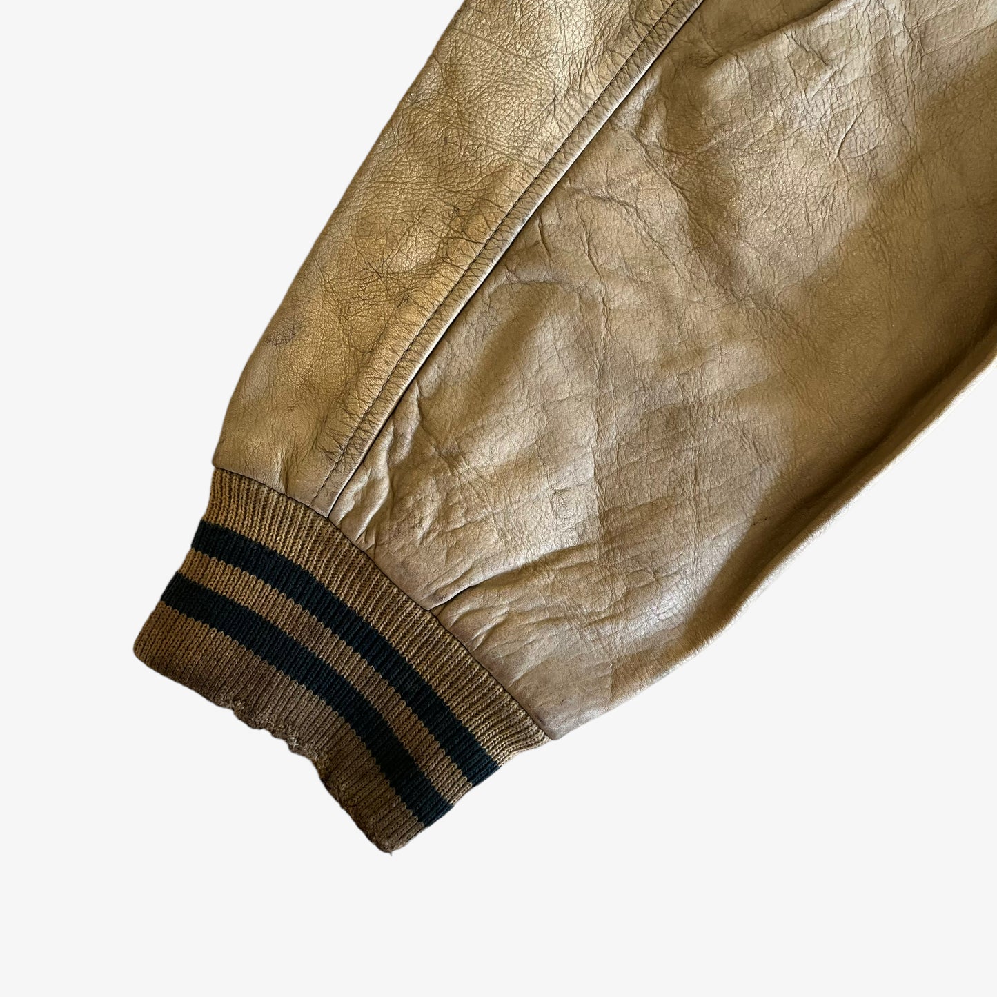 Vintage 90s Redskins Beige Leather Varsity Jacket Cuff Wear - Casspios Dream