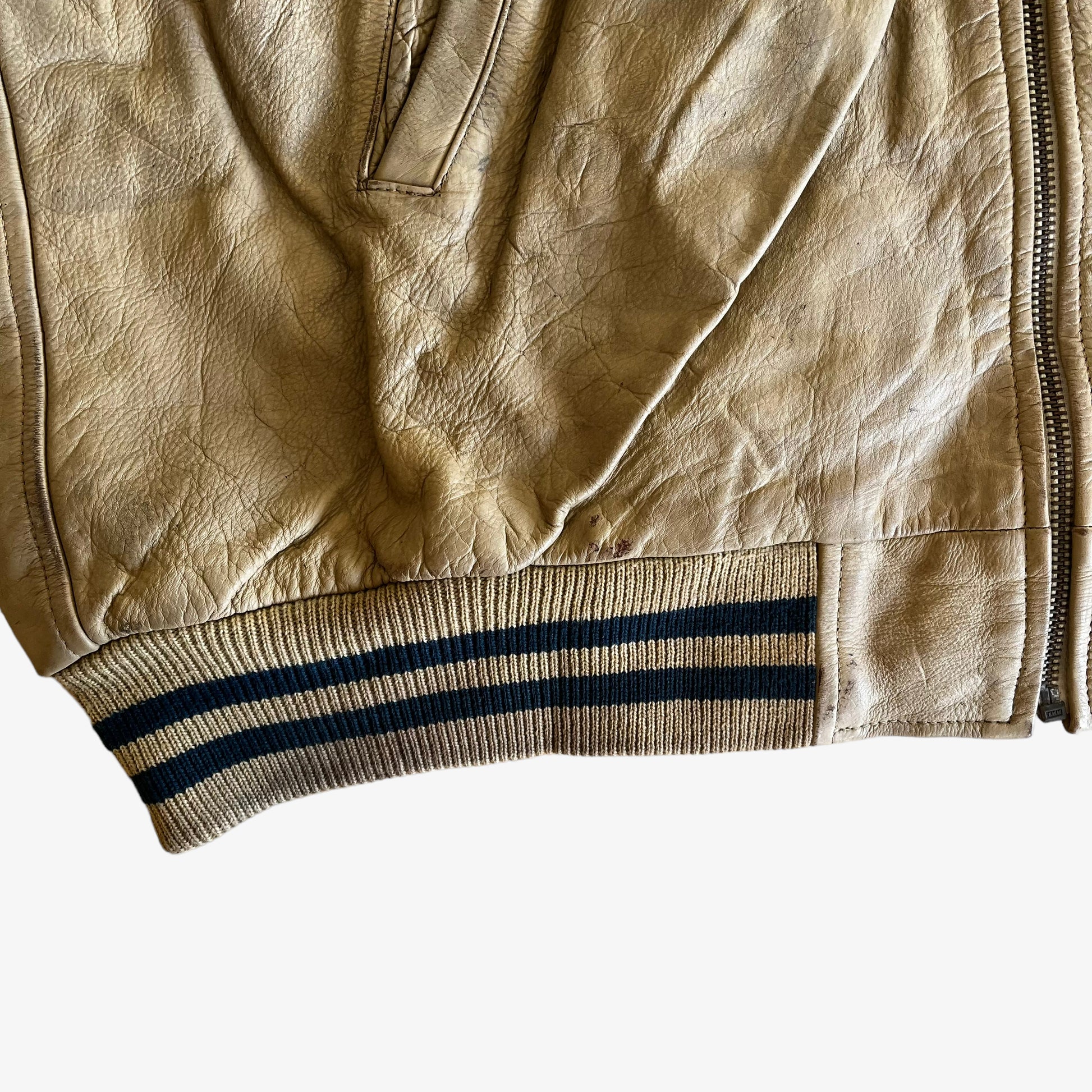 Vintage 90s Redskins Beige Leather Varsity Jacket Hem - Casspios Dream