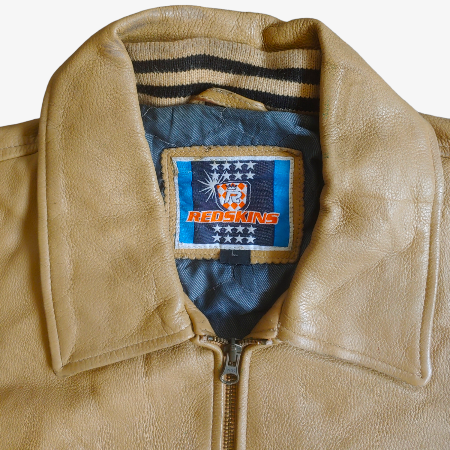 Vintage 90s Redskins Beige Leather Varsity Jacket Label - Casspios Dream