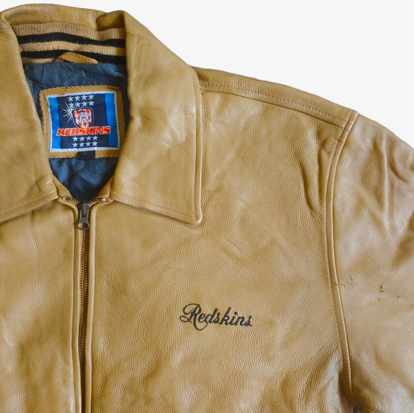Vintage 90s Redskins Beige Leather Varsity Jacket Logo - Casspios Dream