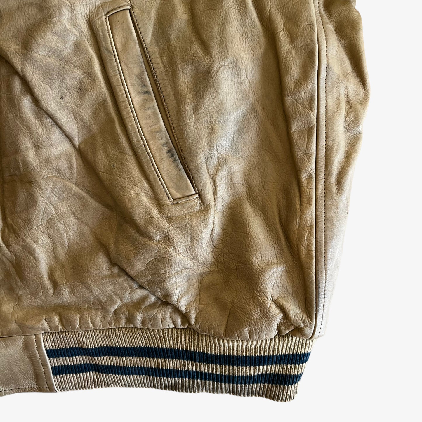 Vintage 90s Redskins Beige Leather Varsity Jacket Pocket - Casspios Dream